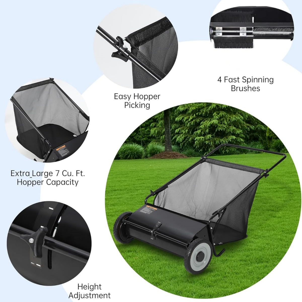 Riedhoff 26" Push Lawn Sweeper,4 Spinning Brushes, 7 Cu. Ft Capacity Collection Bag, Adjustable Height