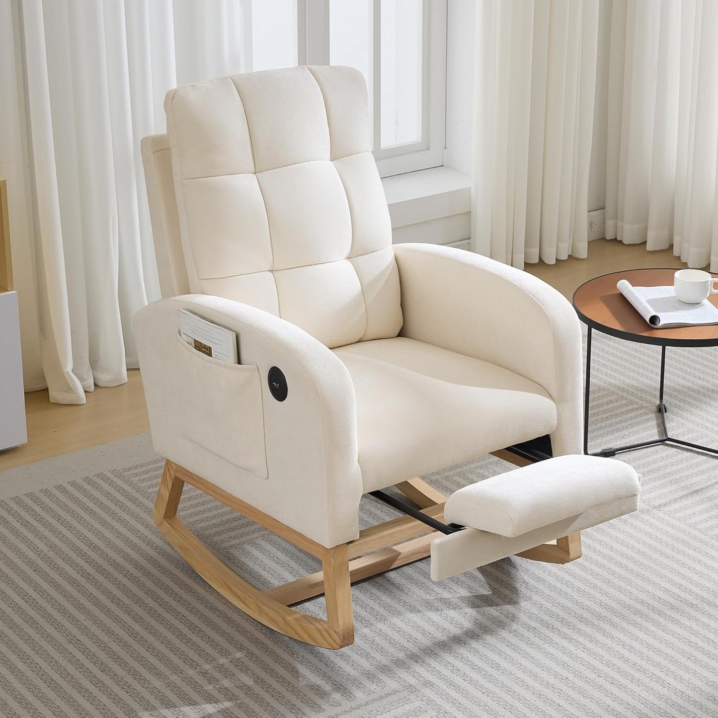 Garvee Nursery Rocking Chair 34.2 x 25.9 x 40.9", with USB Port & Footrest, High Back, Beige
