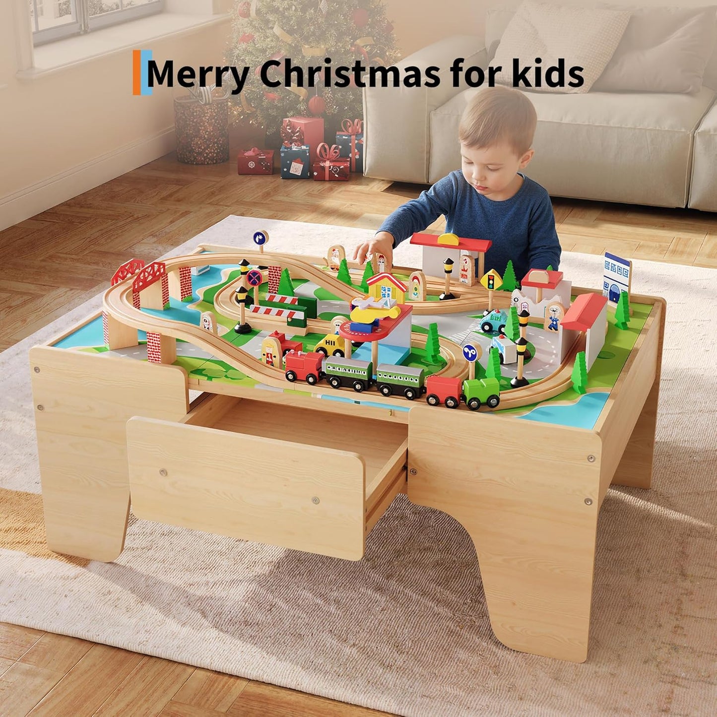 Garvee Wooden Train Table, 84 Piece Set with 1 Storage Bin, 38.2 x 24.6 x 15.6 Inch, for Toddlers 3+