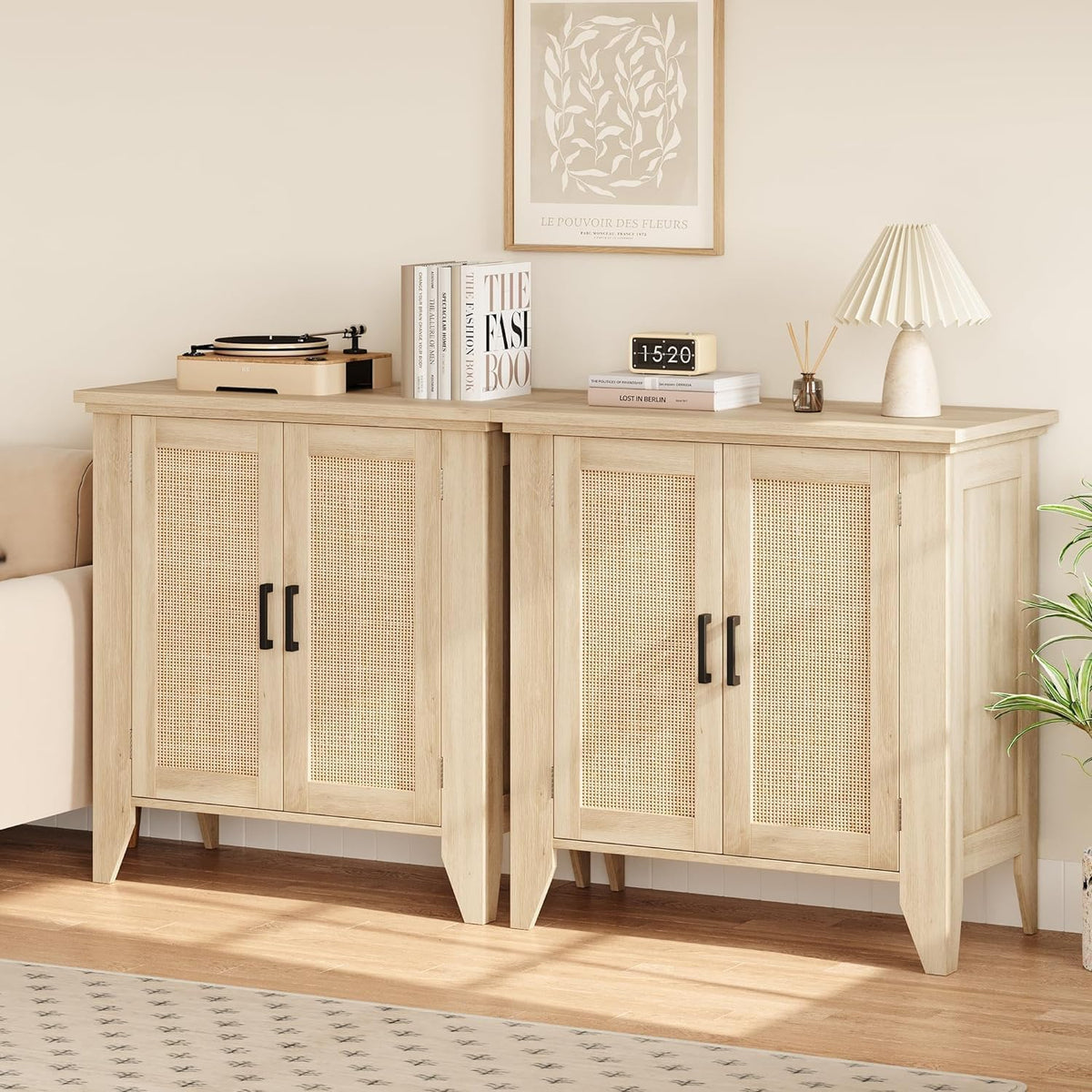 Garvee Rattan Sideboard Buffet Cabinet, 30 x 15.8 x 31.5", with Doors & Shelves, Oak