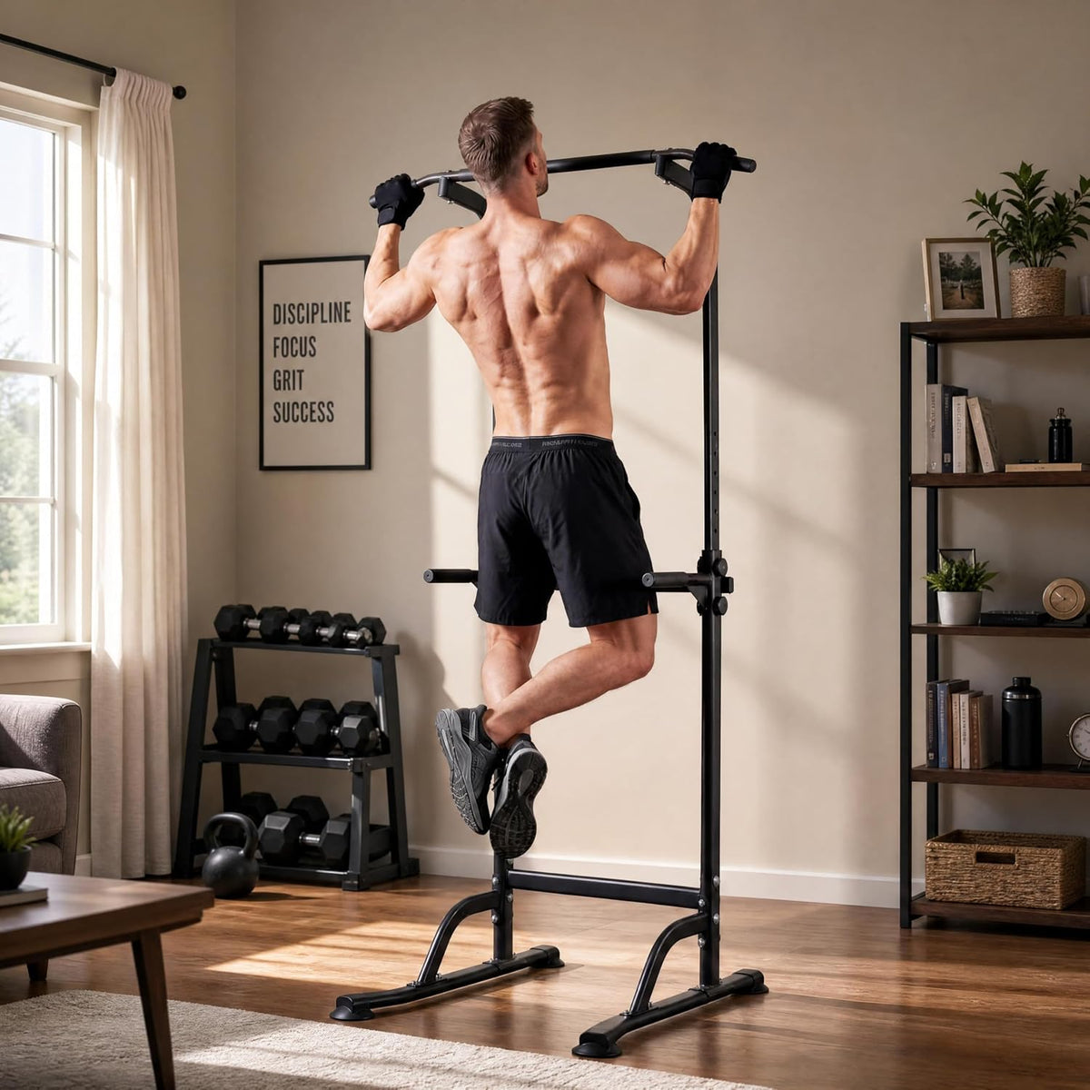 Riedhoff Power Tower Workout Station, Adjustable Pull Up Bar with Dip Bars, 10 Height Levels