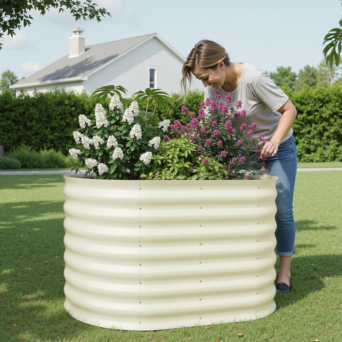 WildBreak Oval Steel Raised Garden Bed, 4 x 2 x 2 ft, Beige