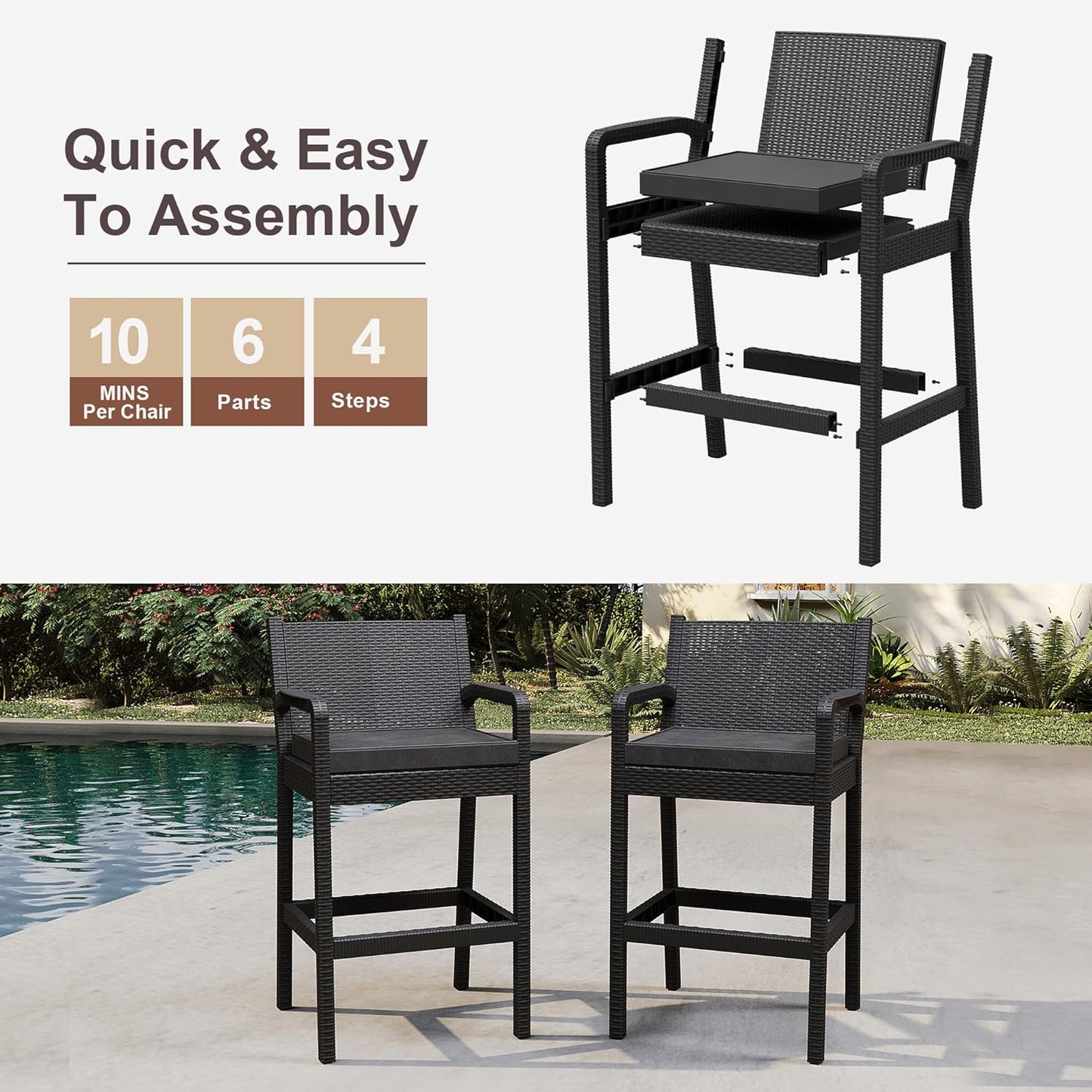 Garvee Patio Bar Stools Wicker Barstools, Set of 2, with Footrest & Armrest, 24.7 x 17.24 x 44.5"