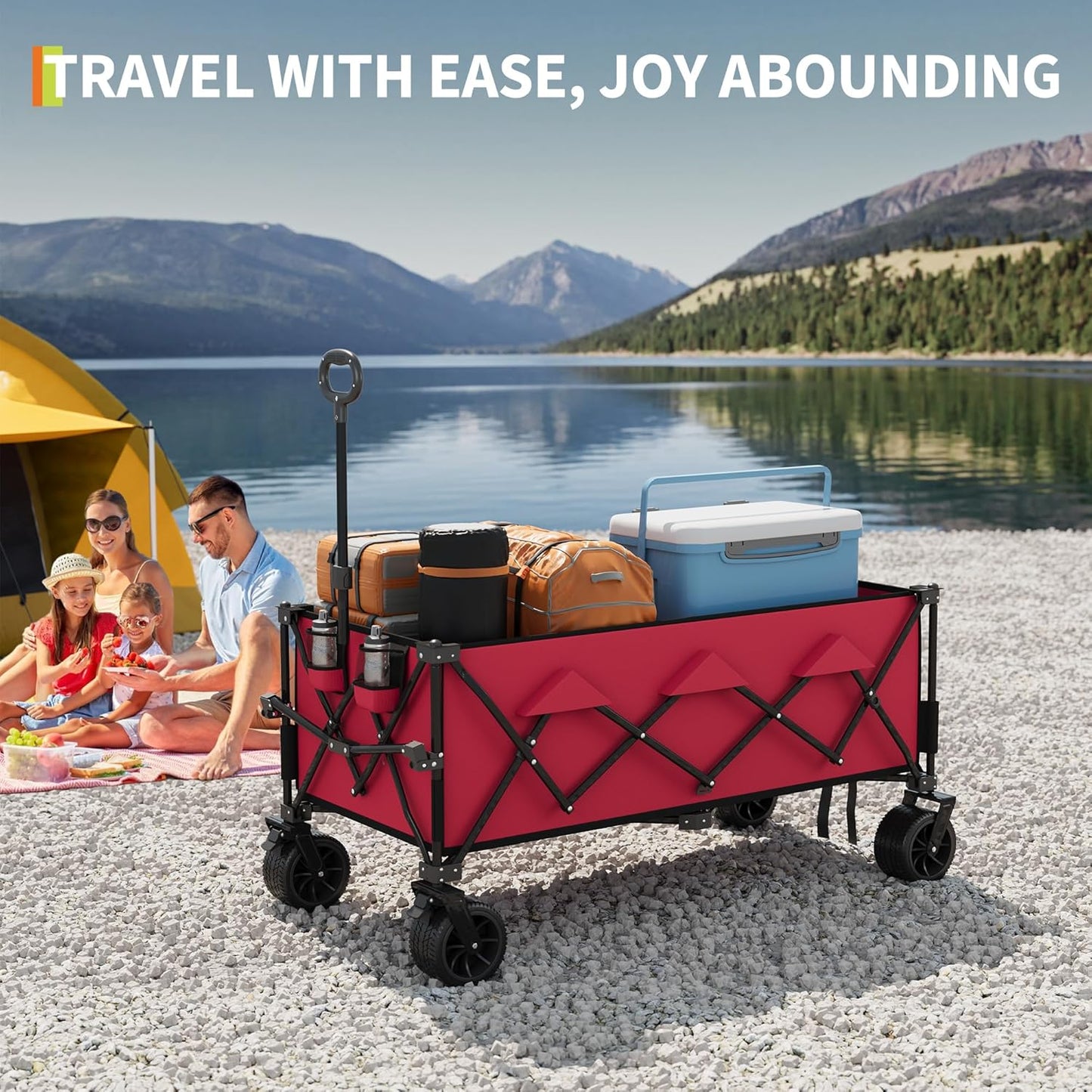 Garvee Extra Long Collapsible Wagons Carts, 54 x 29 x 42", All Terrain Wheels, Cup Holders