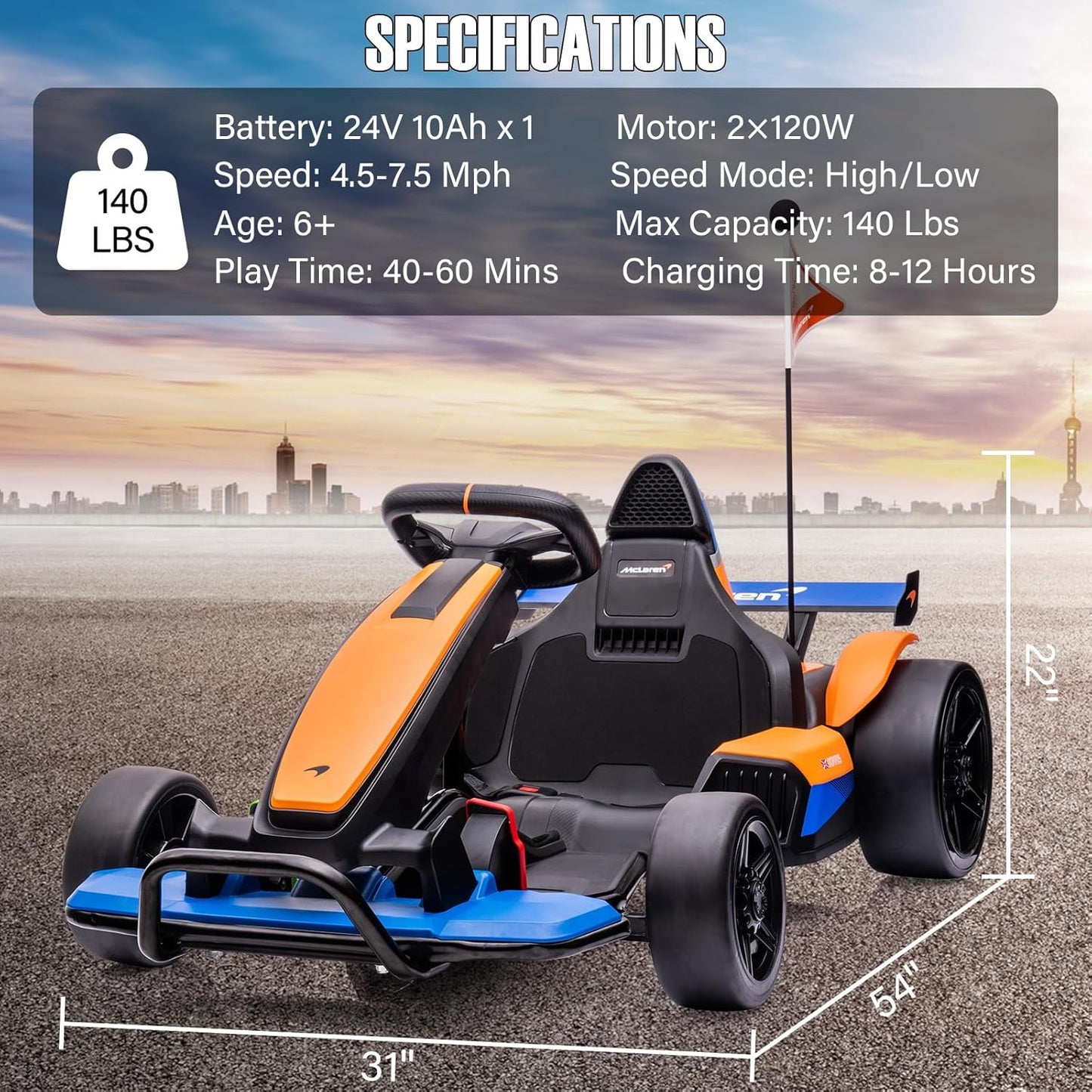 Garvee Kids Go Kart BDM0930, Hetoy Licensed McLaren, 10 Ah Battery, for Age 6+, Orange