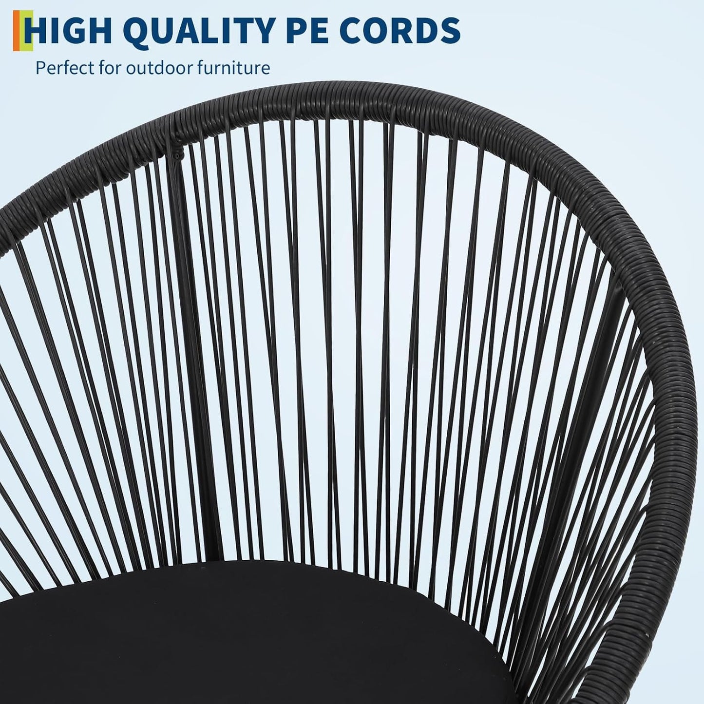 Garvee 3 Piece Patio Bistro Set, Acapulco Chairs with Cushions & Glass Top Side Table, Black