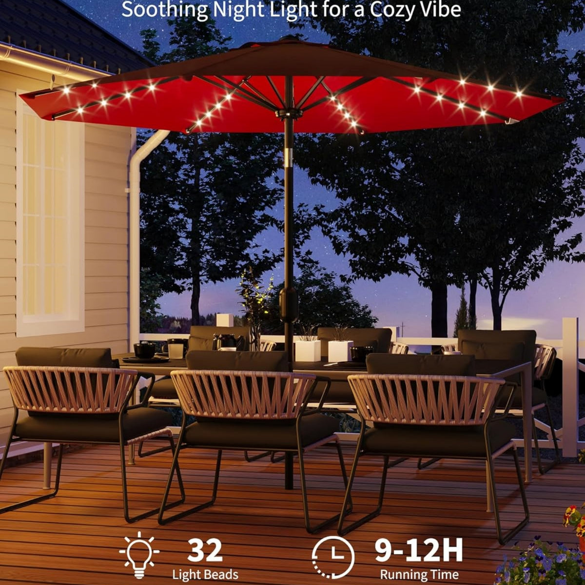 Riedhoff 9 feet Patio Umbrella with 32 LED Solar Lights, 8 Ribs, Tilt Crank