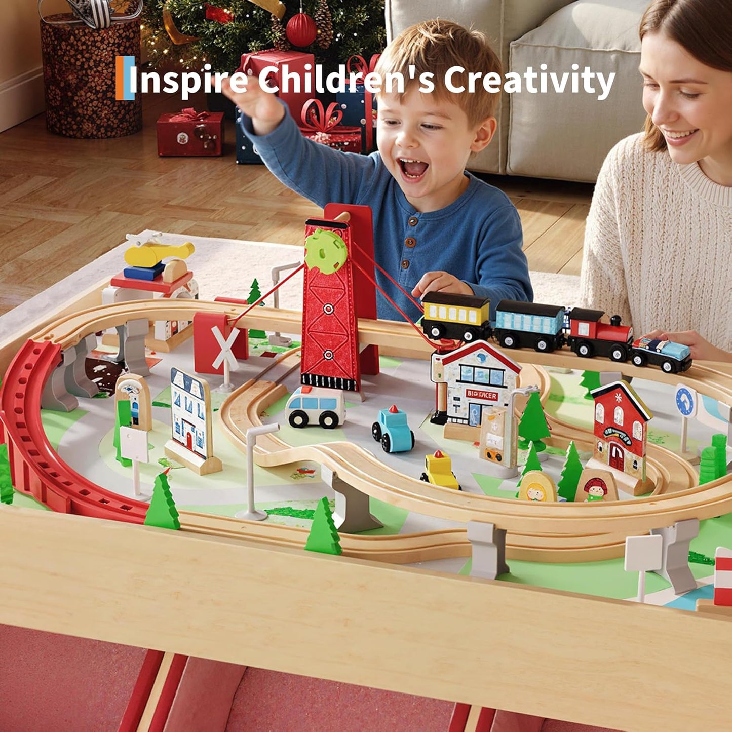 Garvee Wooden Train Table, 92 Piece Multicolor, 3 Storage Bins, 36.22 x 25.2 x 15.75"