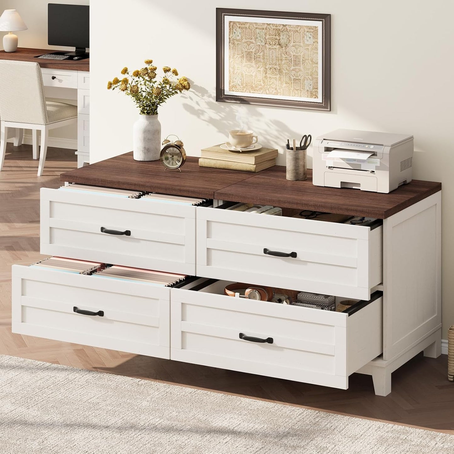 Garvee Lateral File Cabinet, 2 Drawers, Deepened Tabletop, 31.5 x 21.26 x 30", Brown & White