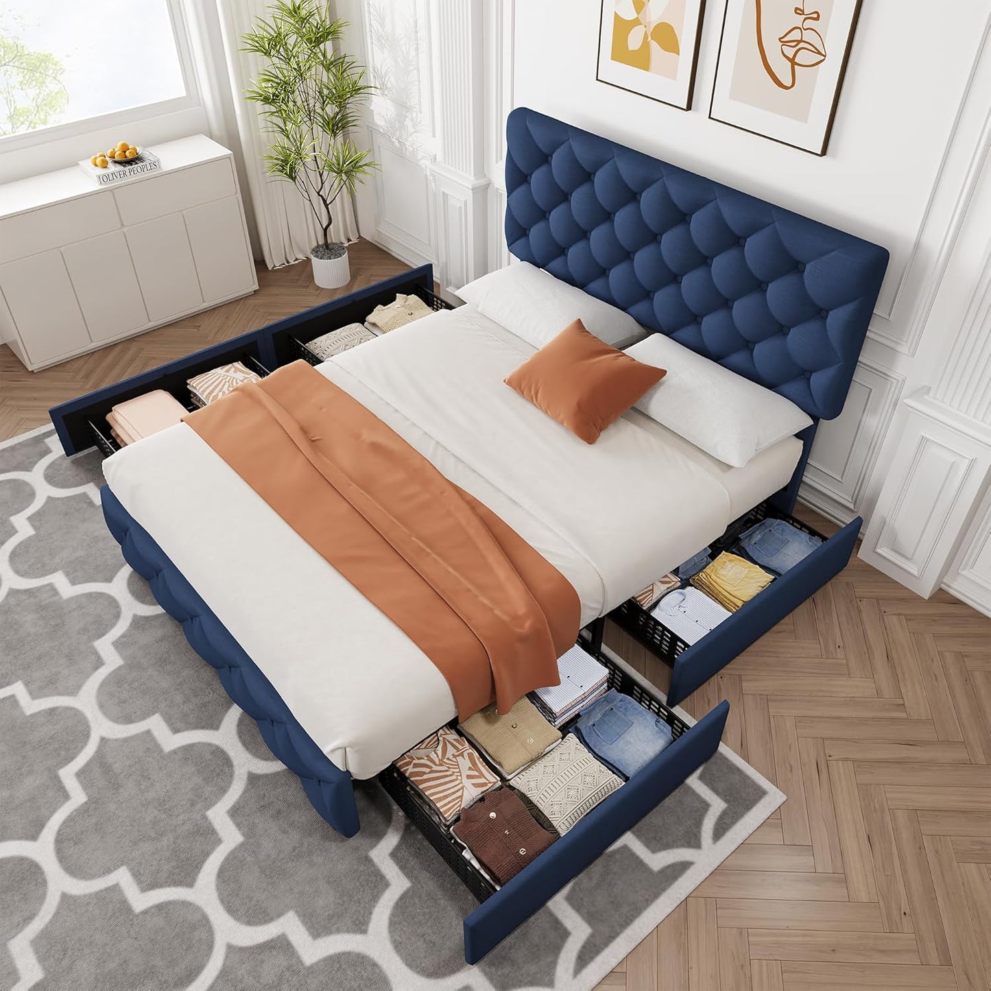 GARVEE Bed Frame with 4 Storage Drawers & Adjustable Headboard