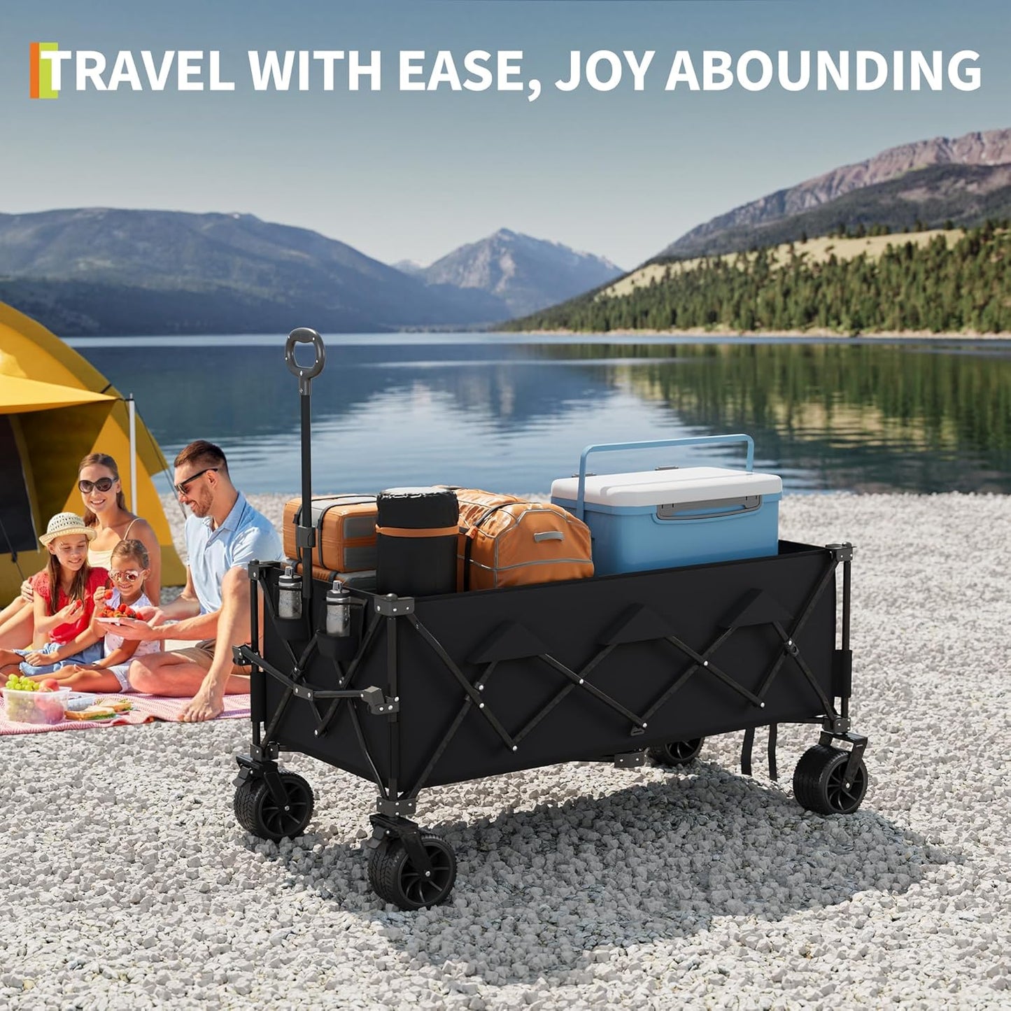 Garvee Extra Long Collapsible Wagons Carts, 54 x 29 x 42", All Terrain Wheels, Cup Holders
