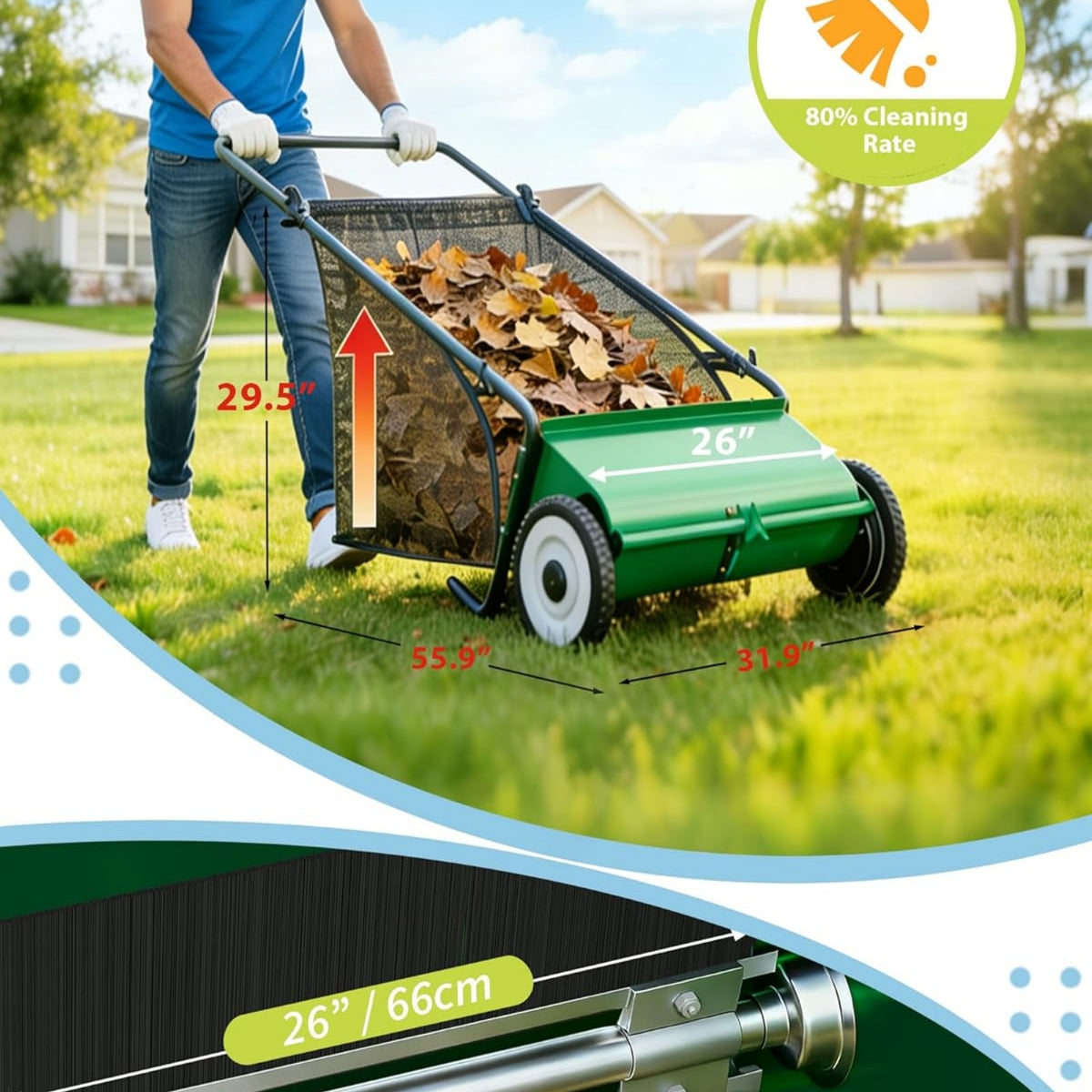 Riedhoff 26" Push Lawn Sweeper,4 Spinning Brushes, 7 Cu. Ft Capacity Collection Bag, Adjustable Height