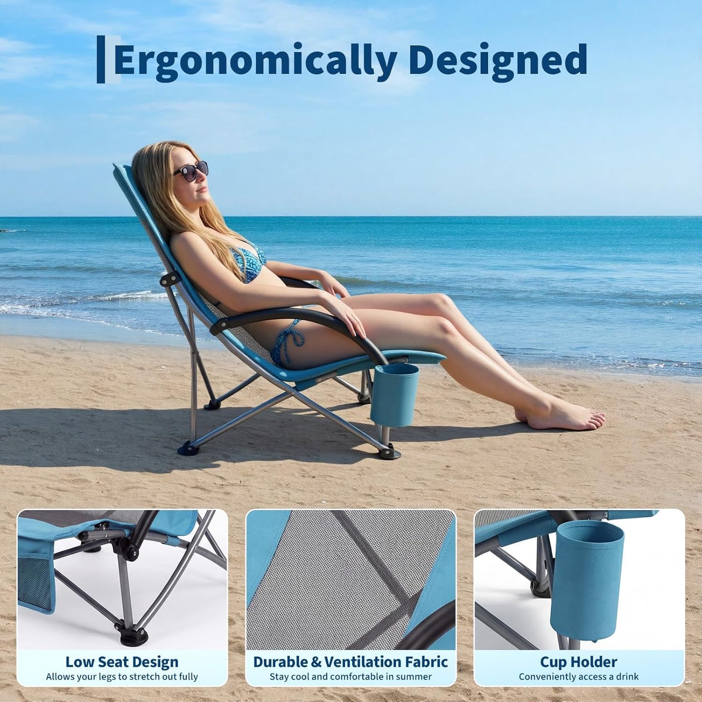 Garvee High Back Beach Chair, 28.2 x 23.5 x 32.3" with Cup Holder & Storage Pocket, Blue