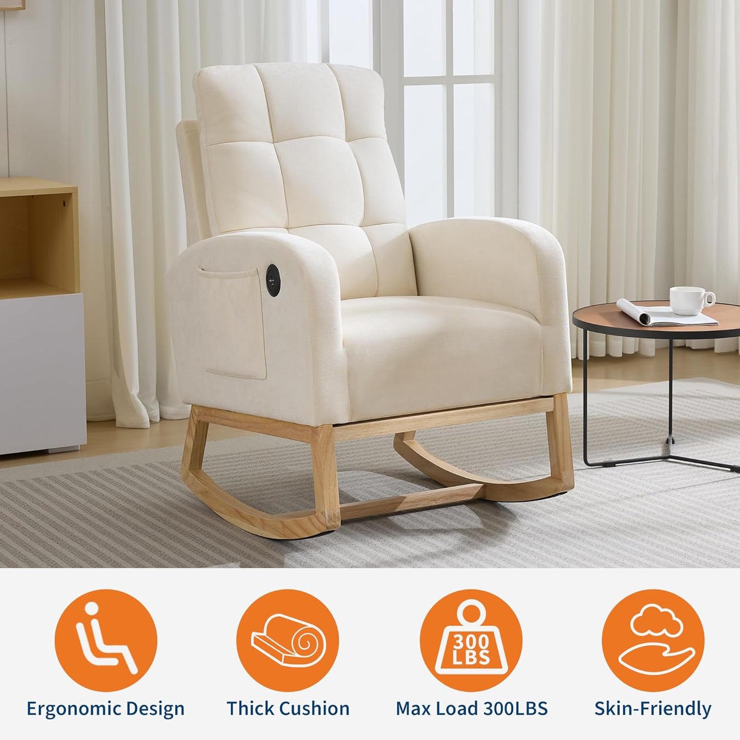 Garvee Nursery Rocking Chair 34.2 x 25.9 x 40.9", with USB Port, High Back, Beige