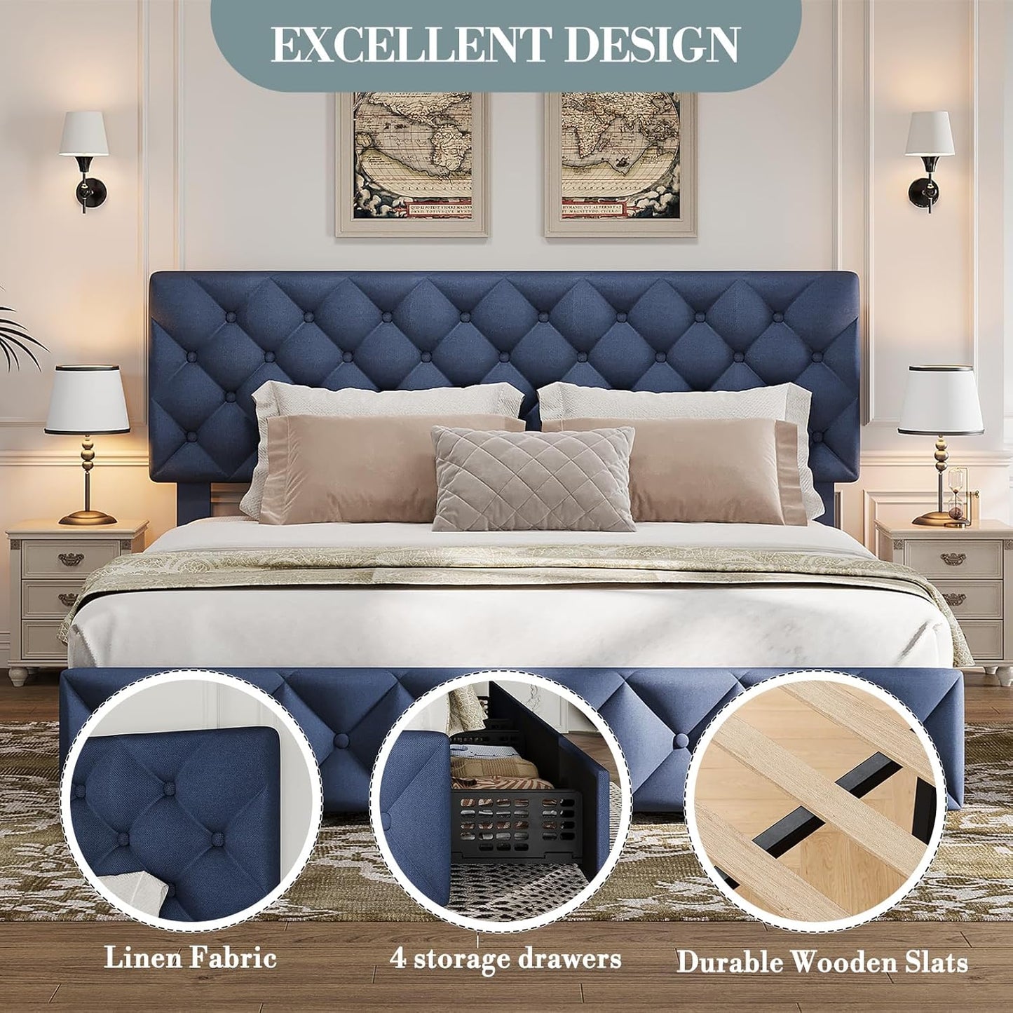 GARVEE Bed Frame with 4 Storage Drawers & Adjustable Headboard