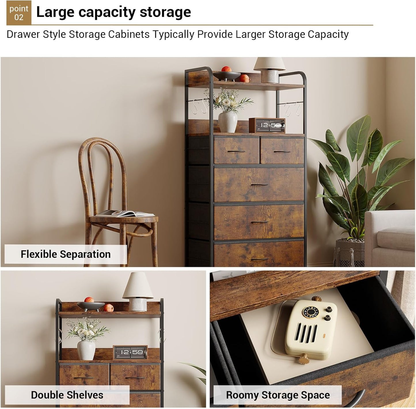 Garvee 5 Drawer Dresser for Bedroom, Wood Top, with Storage Organizer Fabric Bins