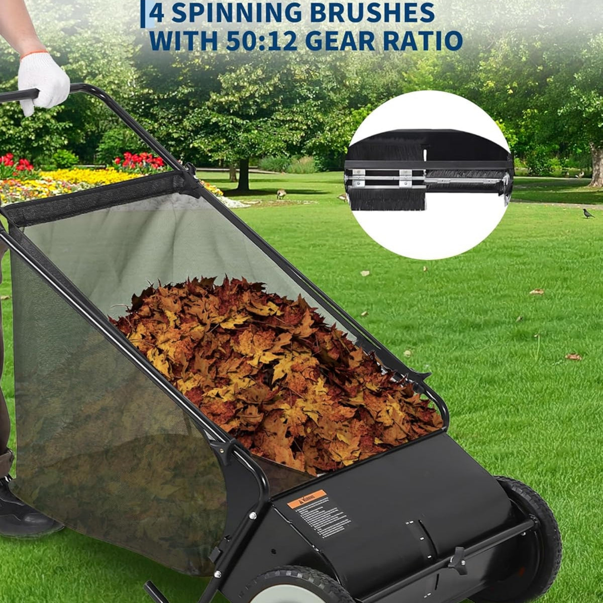 Riedhoff 26" Push Lawn Sweeper,4 Spinning Brushes, 7 Cu. Ft Capacity Collection Bag, Adjustable Height