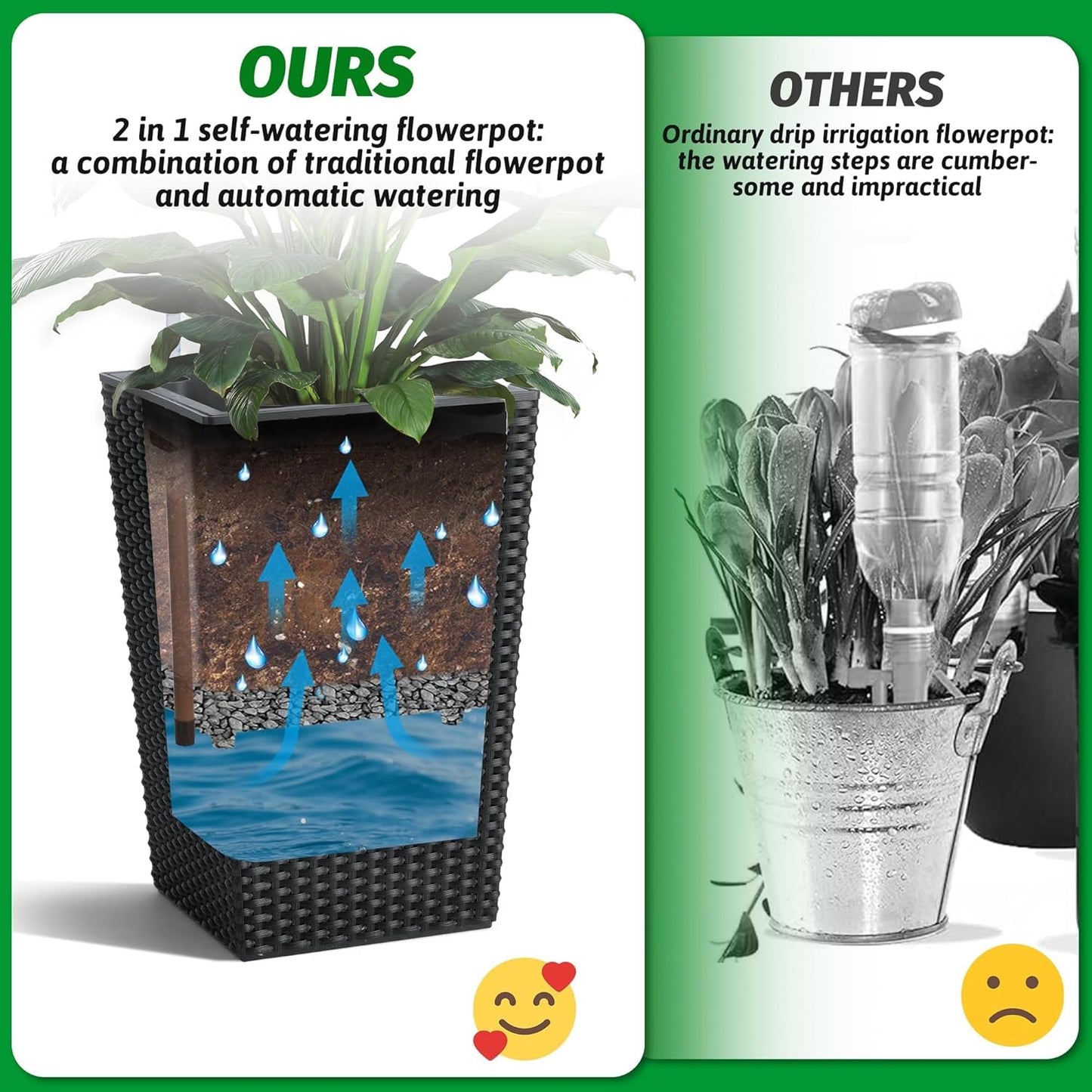 Garvee 15.6" Tall Planter Pots Set of 2, Rattan style, Tray & Water Level Monitor