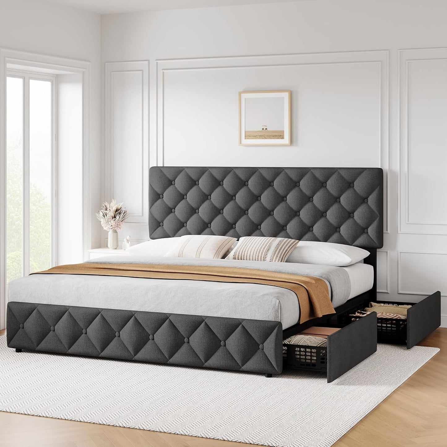 GARVEE Bed Frame with 4 Storage Drawers & Adjustable Headboard