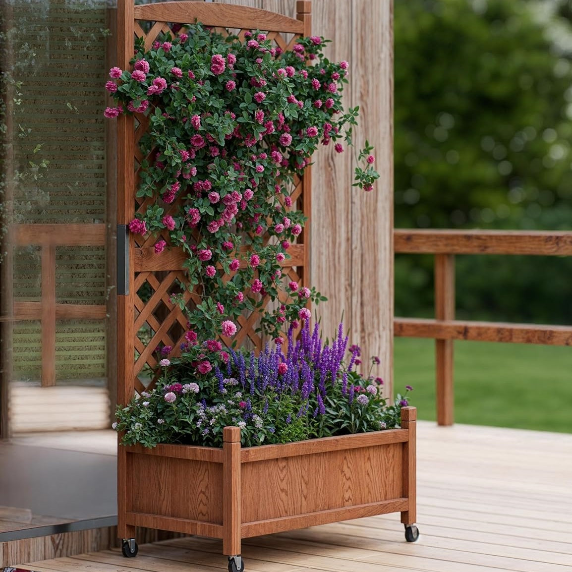 Garvee Cedar Garden Bed Set with Trellis, Drainage Holes & Wheels, 29.52 x 12.99 x 61.41 "