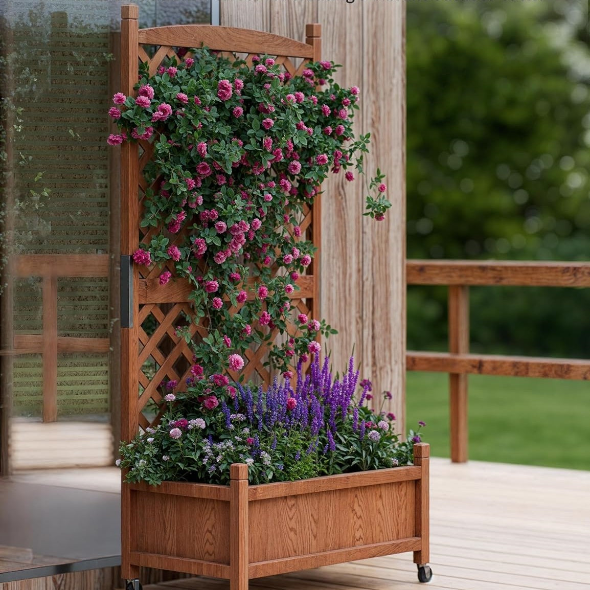 Garvee Cedar Garden Bed Set with Trellis, Drainage Holes & Wheels, 29.52 x 12.99 x 61.41 "