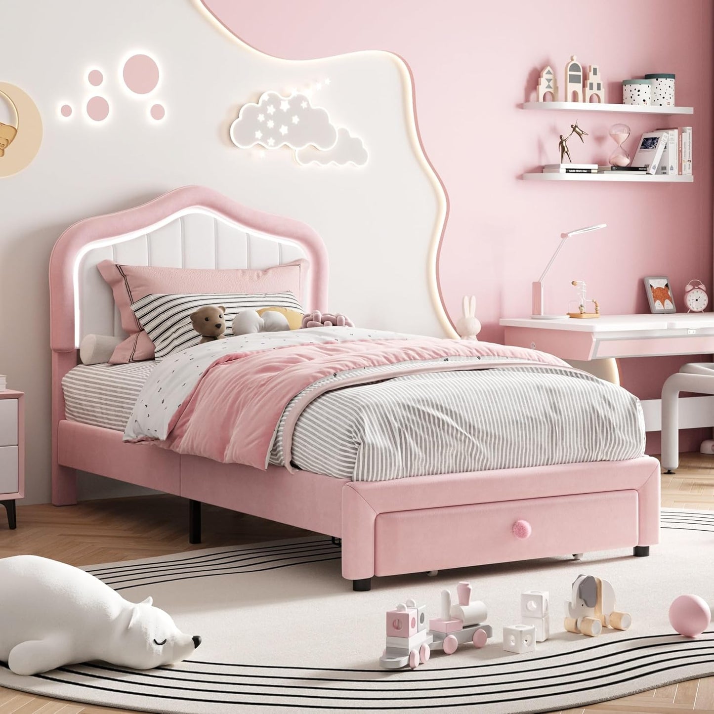 Goldensoil 11.4 inch Twin Size Bed Frame for Girls, with Storage Drawer, LED Light, Pink