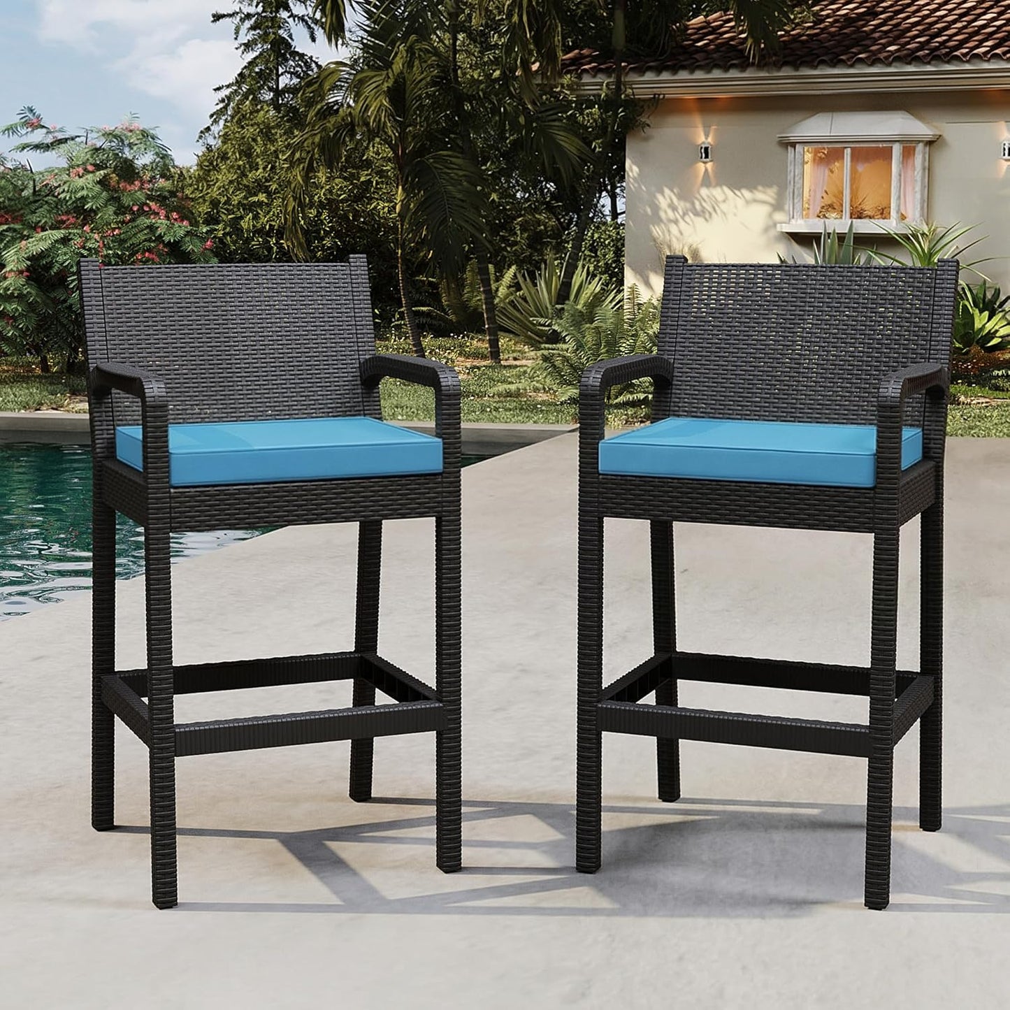 Garvee Patio Bar Stools Wicker Barstools, Set of 2, with Footrest & Armrest, 24.7 x 17.24 x 44.5"