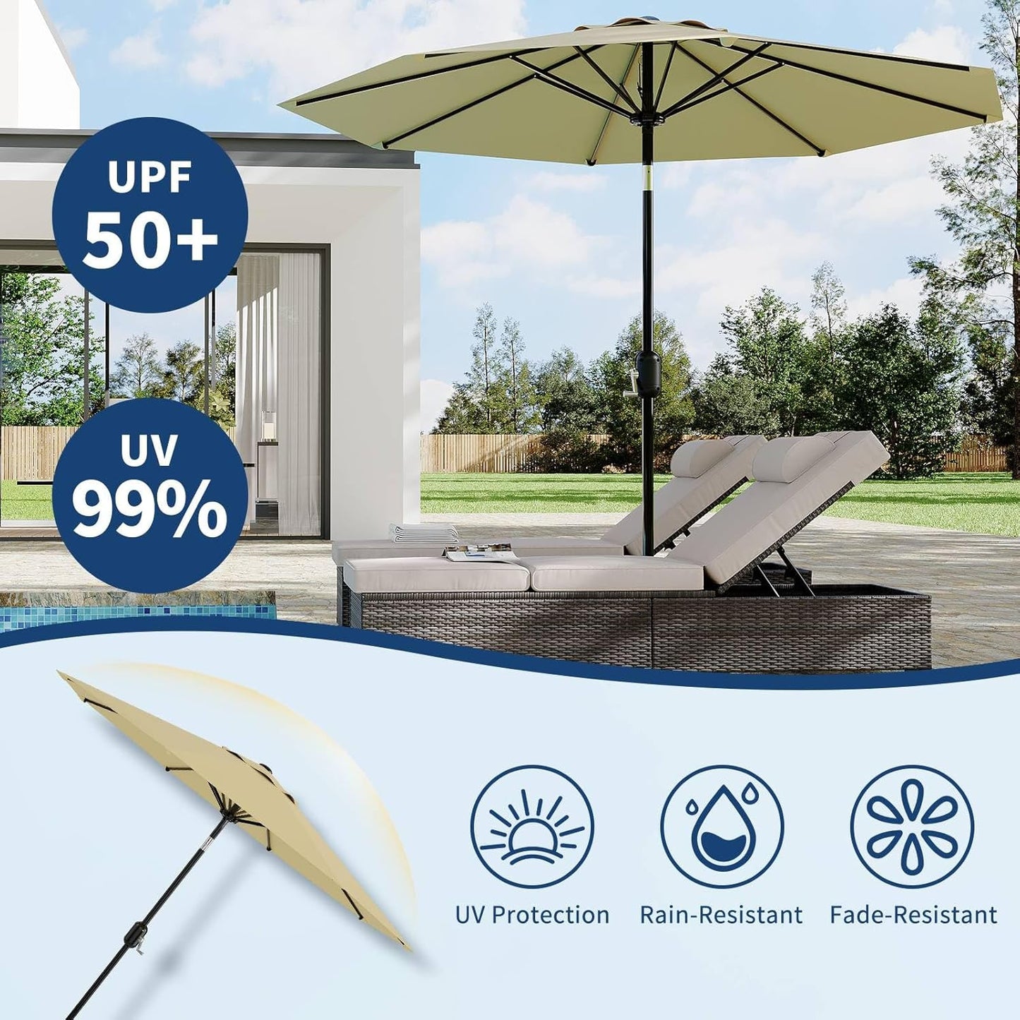 Garvee Outdoor Octagon Patio Umbrella, 8.69 x 8.69 x 7.87 ft, 8 Sturdy Ribs