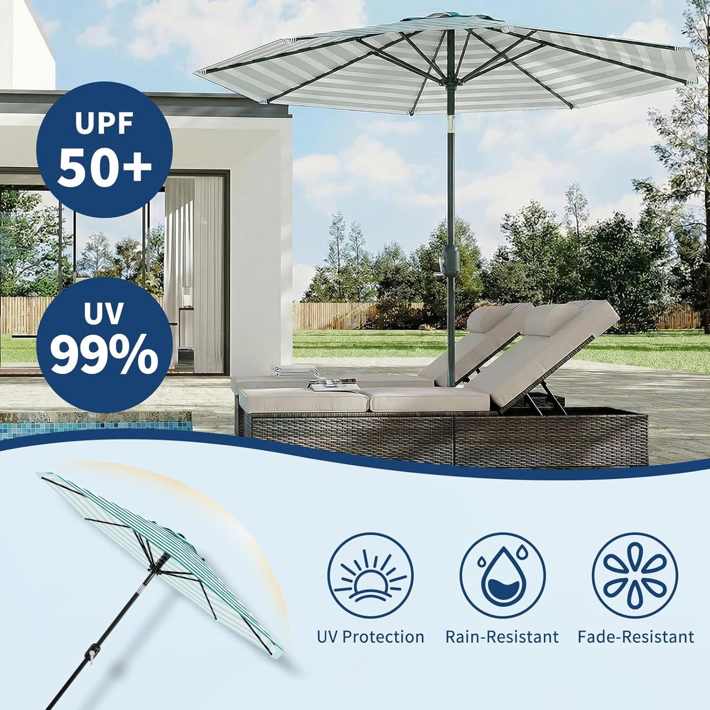 Garvee 9 ft Patio Table Umbrella, 8 Ribs, Crank Lift & Push Button Tilt