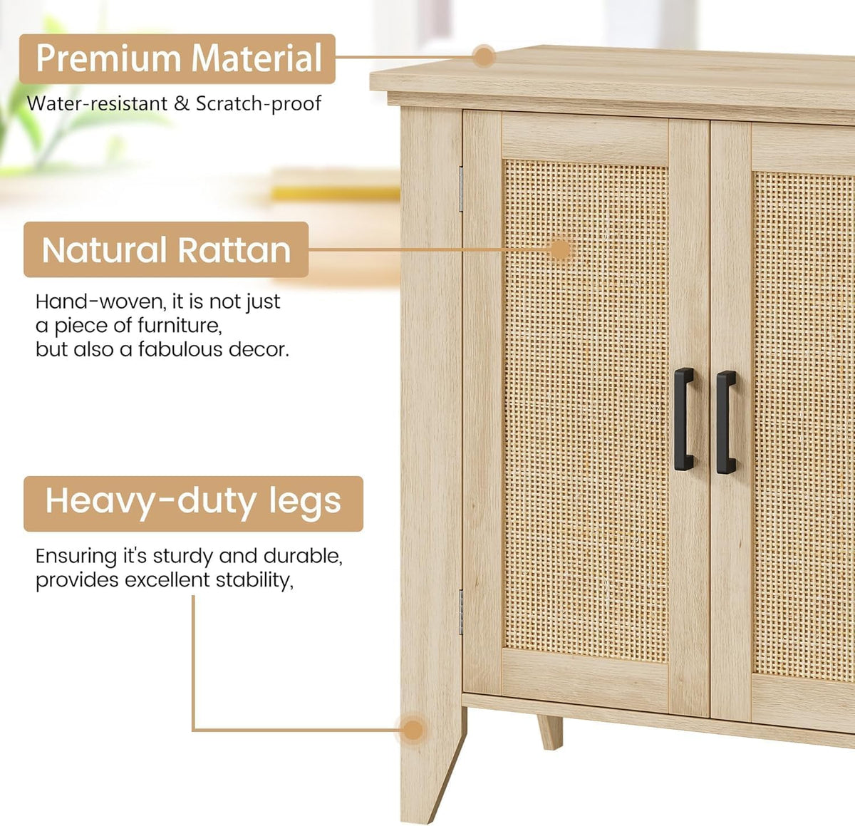 Garvee Rattan Sideboard Buffet Cabinet, 30 x 15.8 x 31.5", with Doors & Shelves, Oak