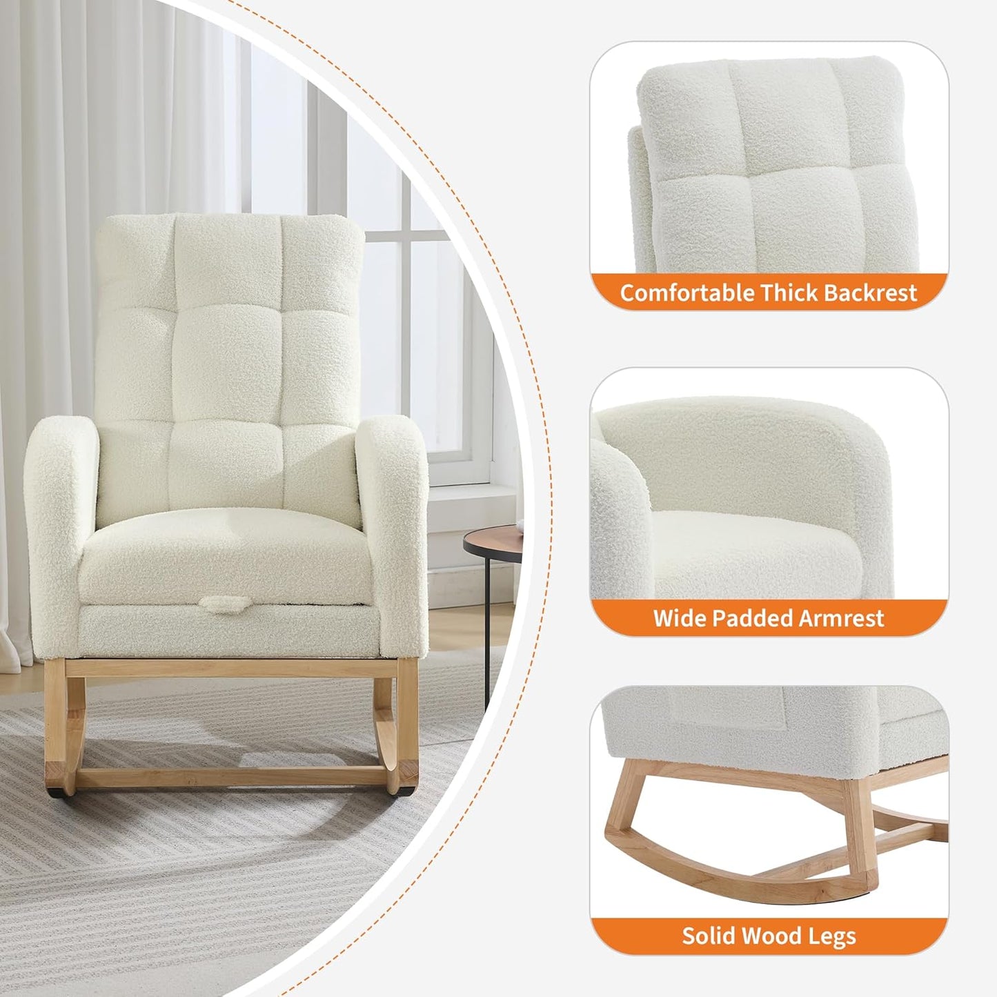 Garvee Nursery Rocking Chair 34.2 x 25.9 x 40.9", with Footrest, High Back, Beige