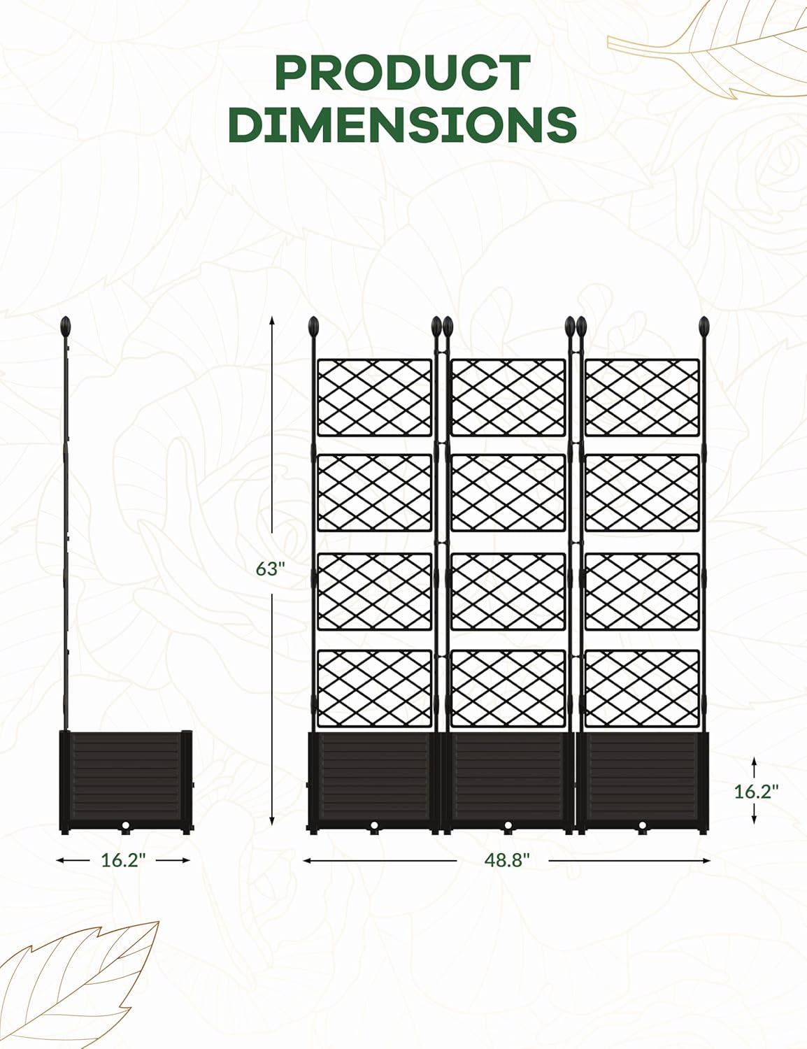 Riedhoff Planter Boxes Set with Trellises, 3 Planter Boxes & Trellis Screen, 48.8 x 16.2 x 62.99", Black