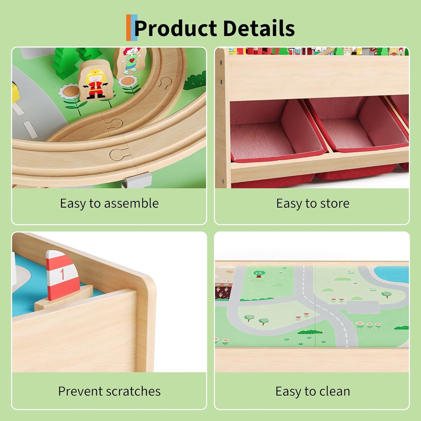 Garvee Wooden Train Table, 92 Piece Multicolor, 3 Storage Bins, 36.22 x 25.2 x 15.75"