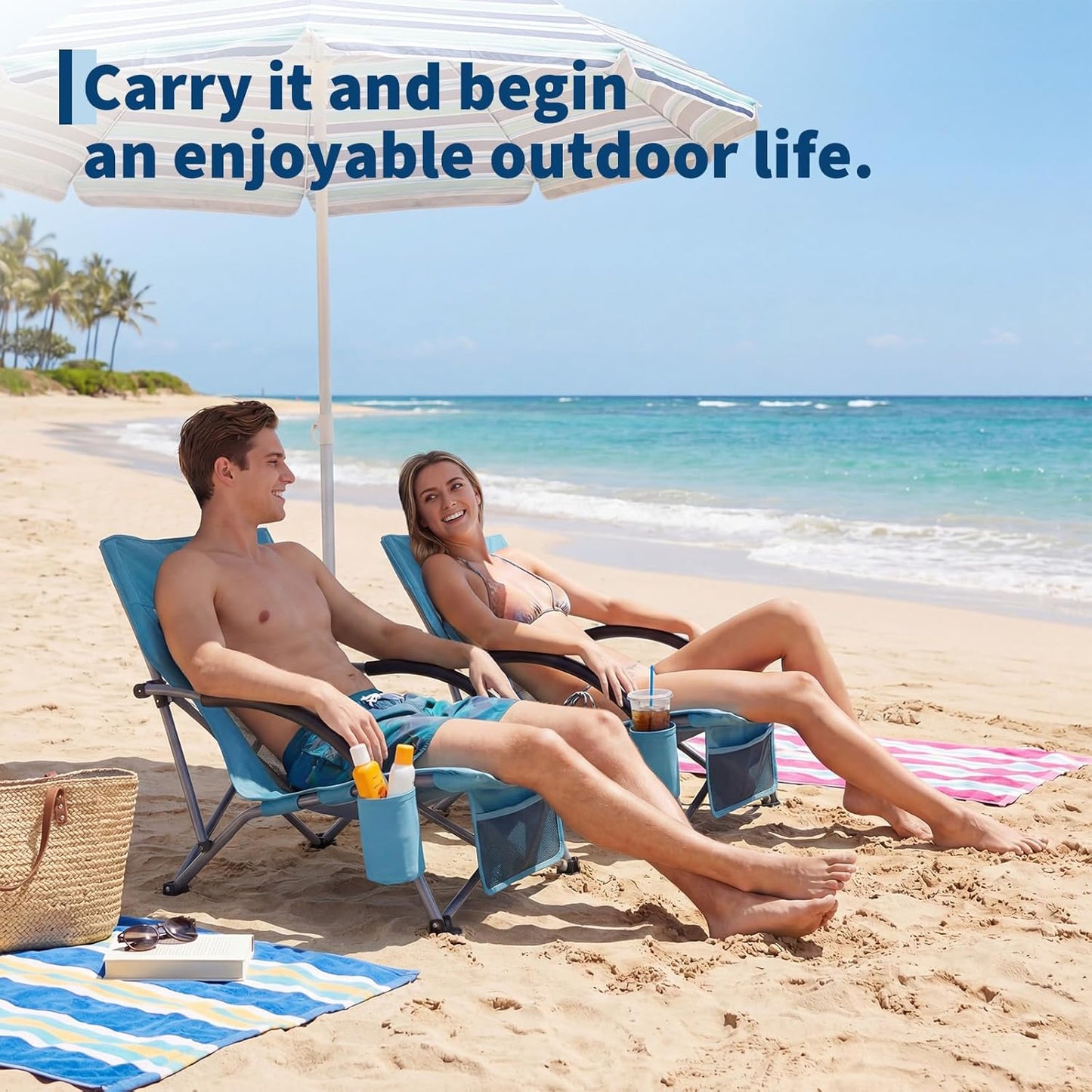 Garvee Low Back Folding Beach Chair, 24.8 x 22.9 x 26.4", Blue