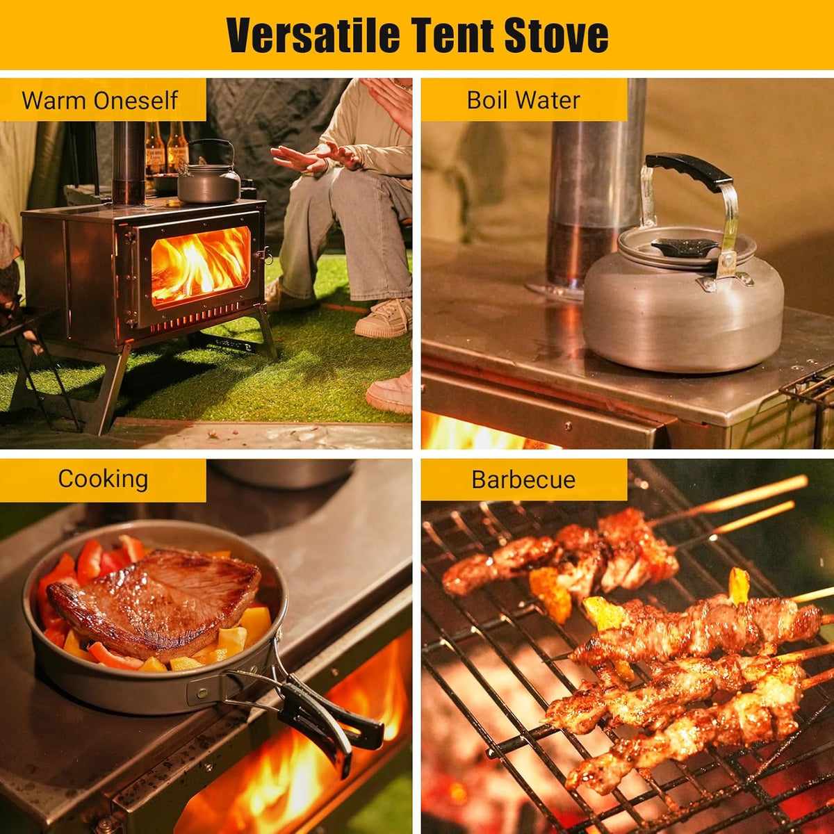 Riedhoff Wood Burning Hot Tent Stove, with Chimney and Grill, Camping Wood Stove, Silver