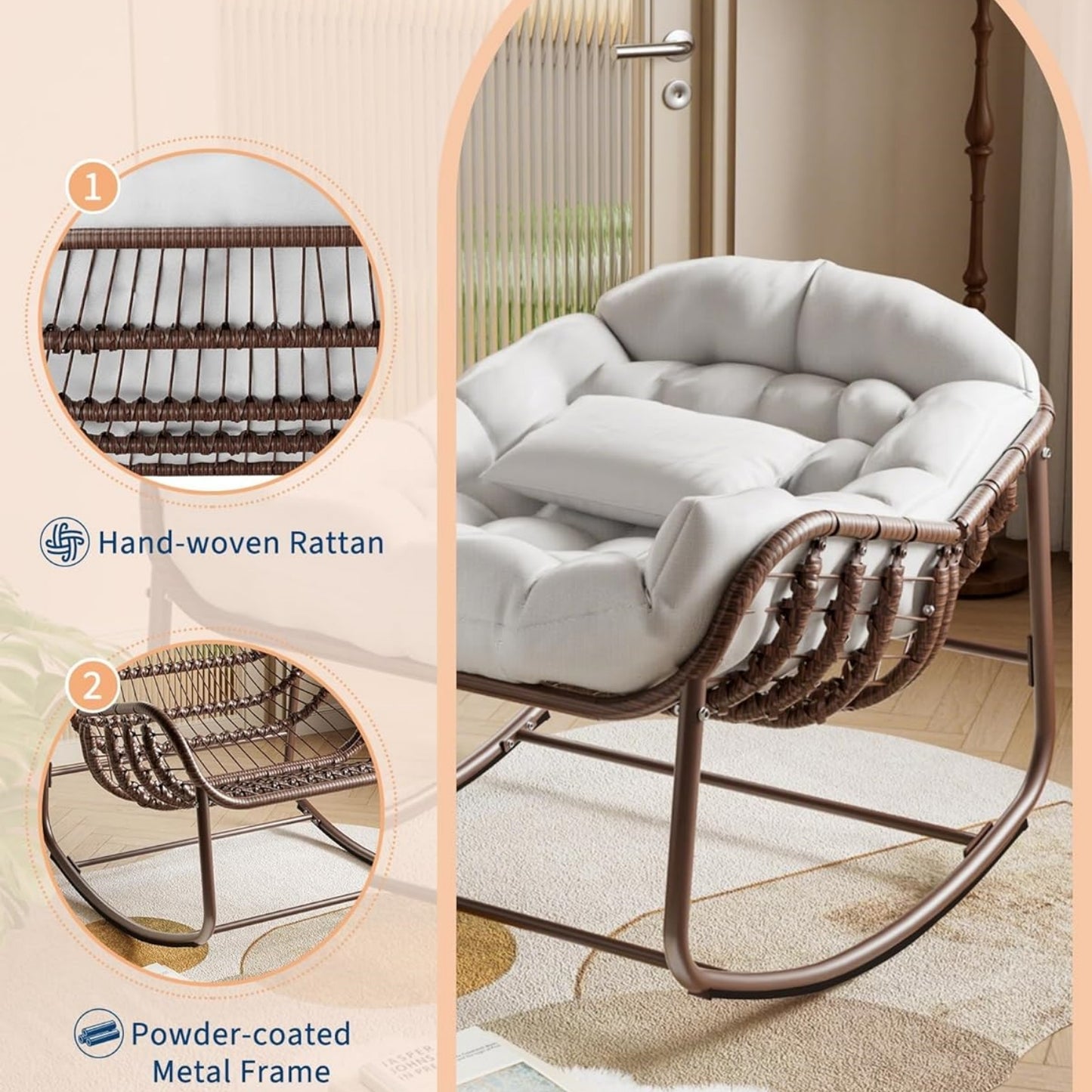 Garvee Outdoor Rocking Chair with Cushion, 36.6 x 33 x 25.2", Oversized Papasan Rocker