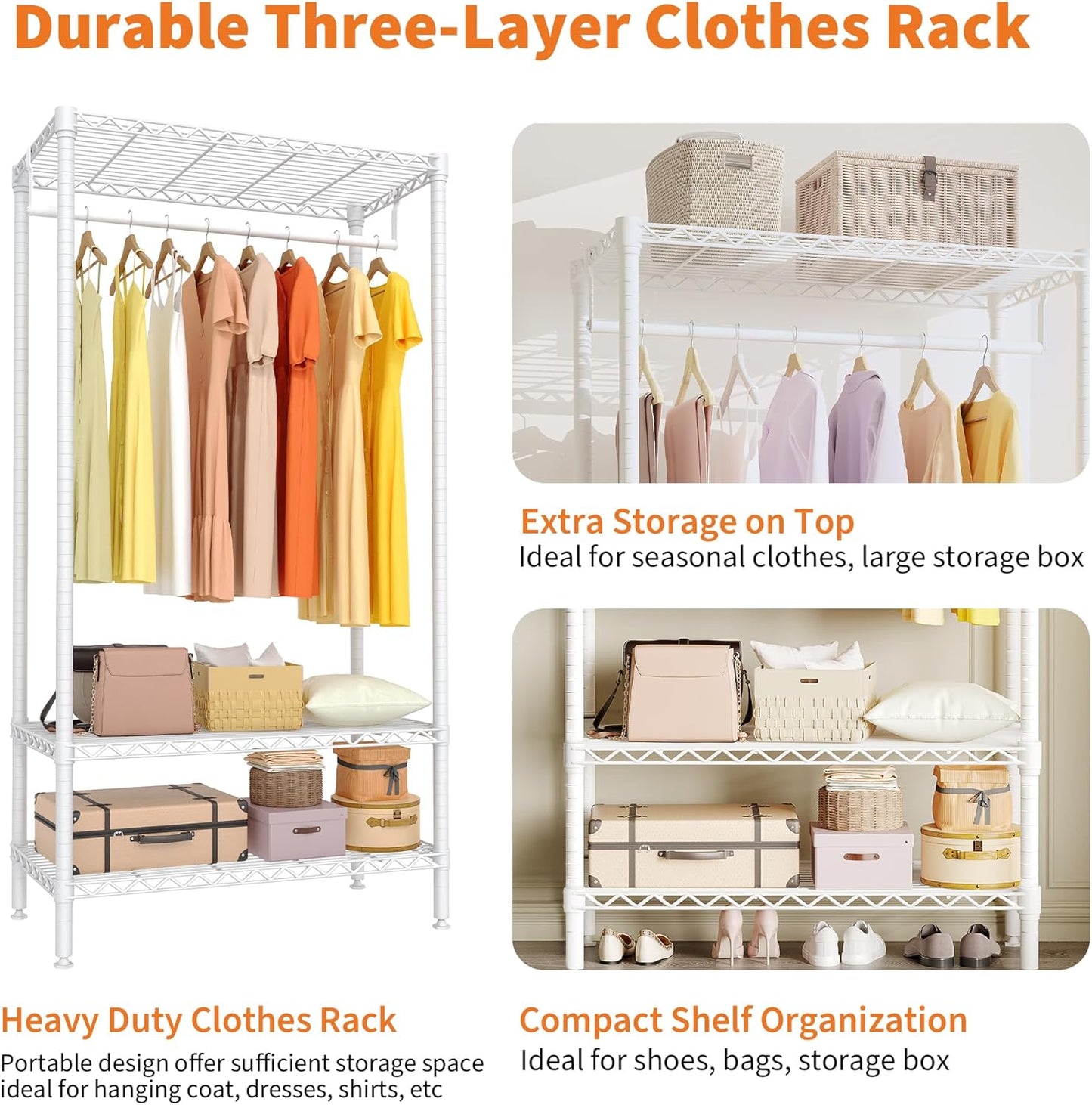 Garvee 3-Tier Metal Clothes Rack, Adjustable Garment Rack, 1 Hanger Rod, 35.4" x 17.7" x 68.9", White
