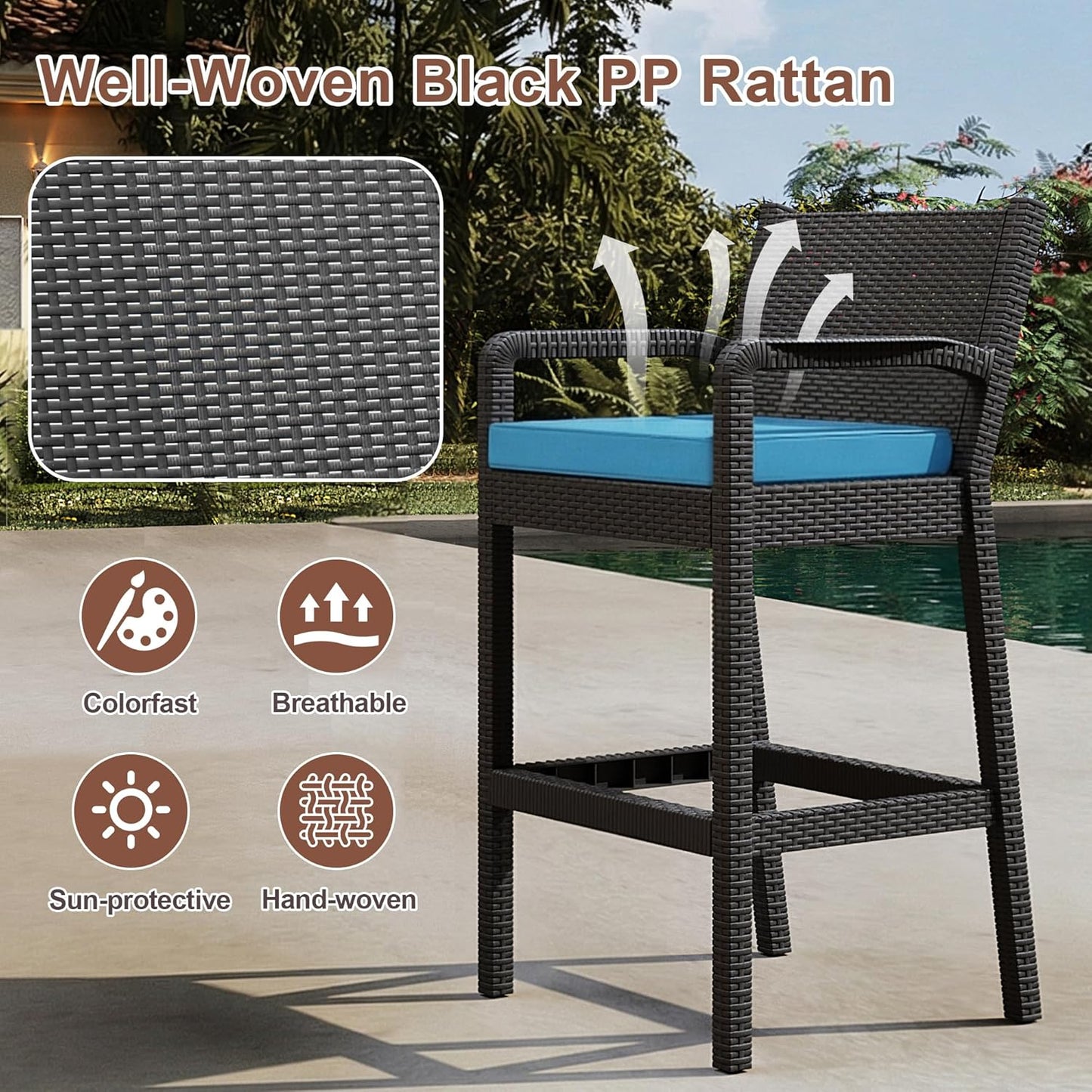 Garvee Patio Bar Stools Wicker Barstools, Set of 2, with Footrest & Armrest, 24.7 x 17.24 x 44.5"