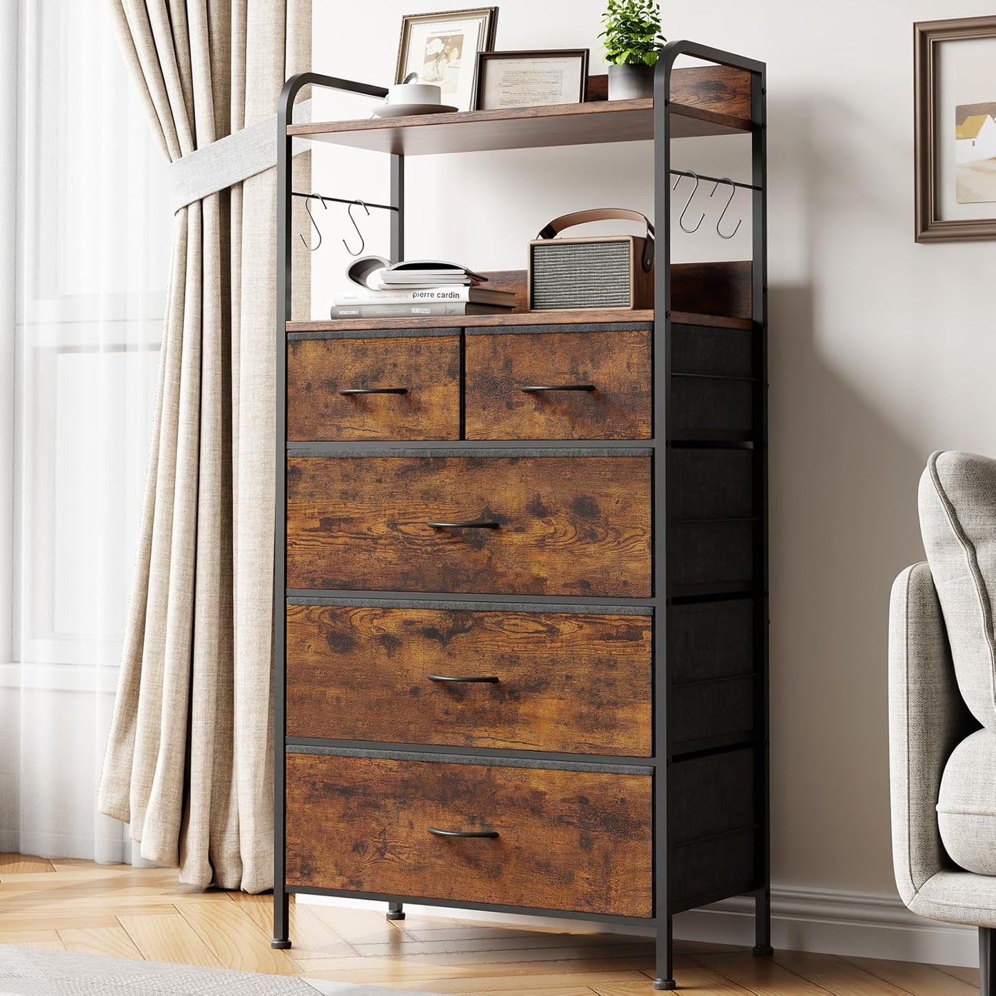 Garvee 5 Drawer Dresser for Bedroom, Wood Top, with Storage Organizer Fabric Bins