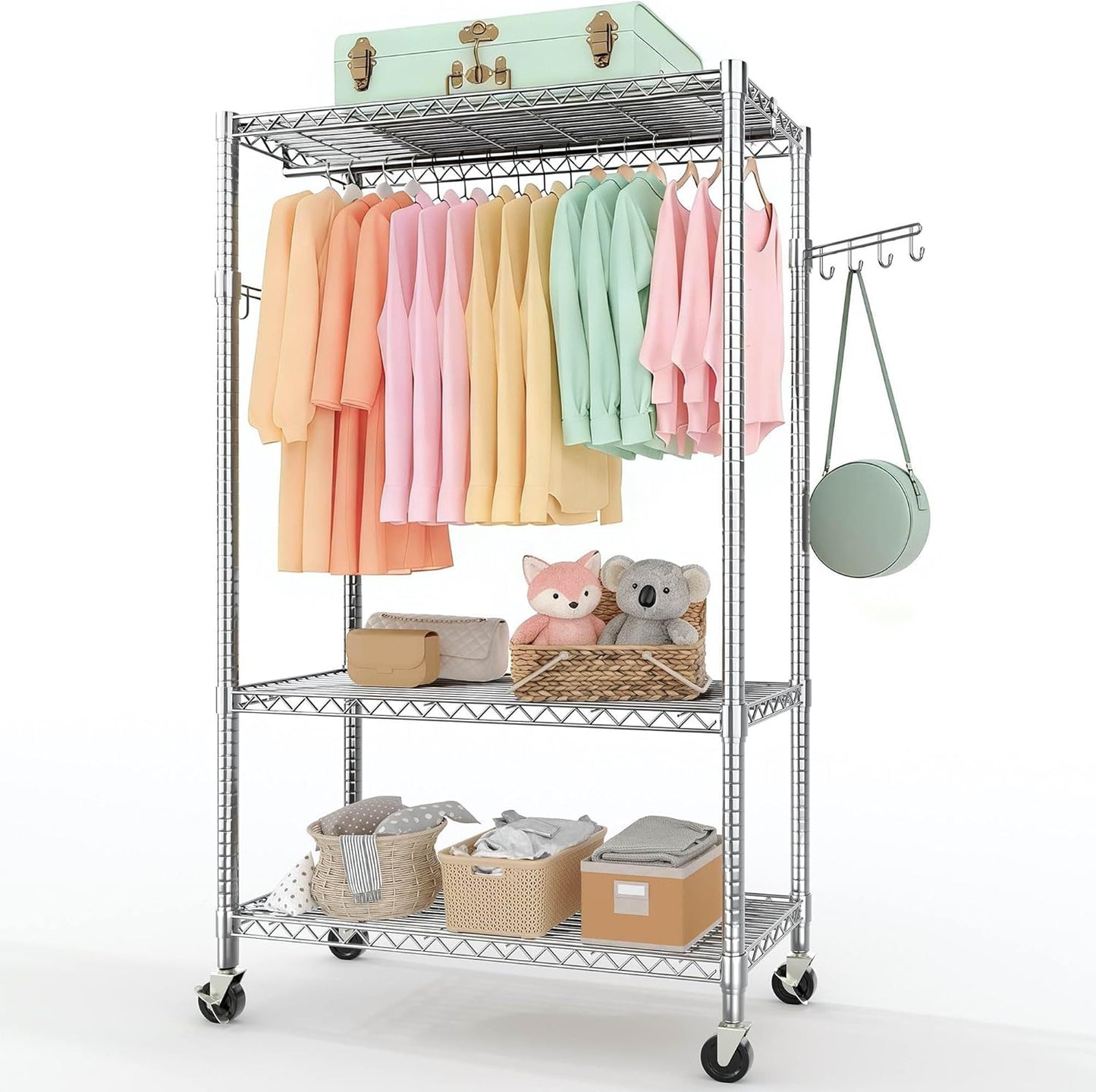 Garvee Rolling Clothes Rack, Adjustable Garment Rack, Wheels and Hooks, 45.2 x 15.8 x 75.7", Silver
