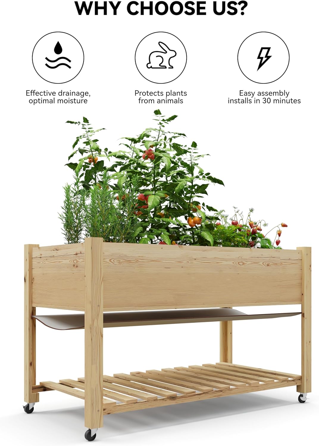 Garvee Wooden Raised Garden Bed, 48 x 24x 30" Elevated Wood Planter, Natural Color