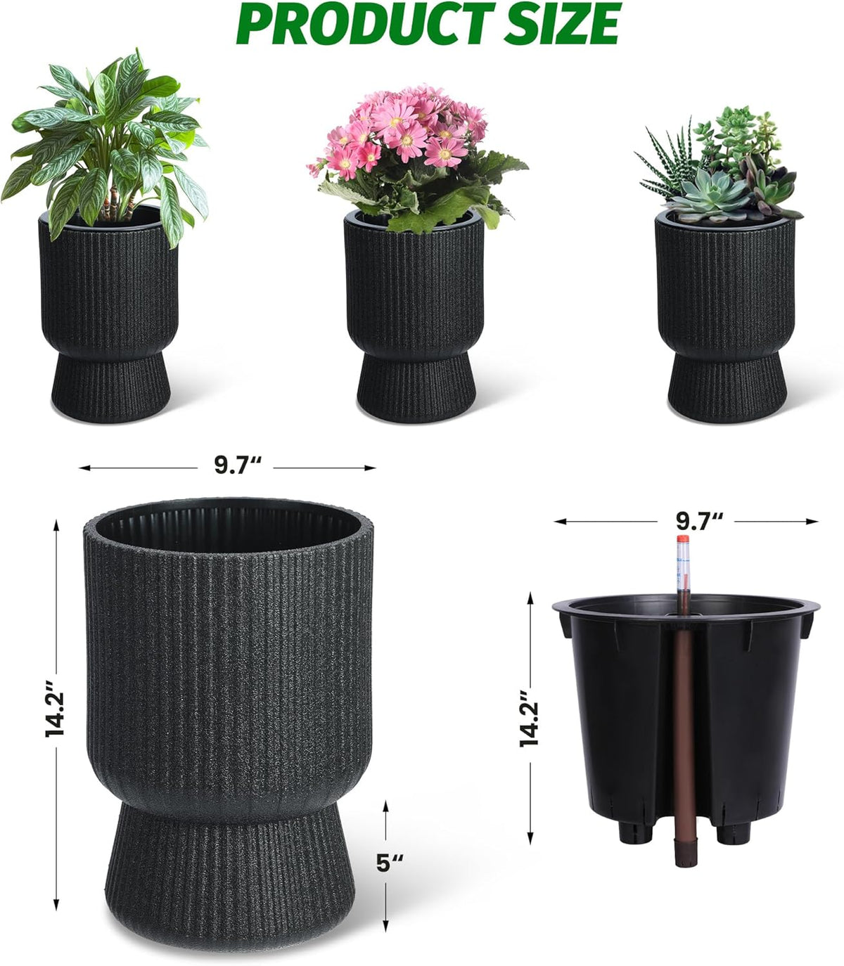 Riedhoff 14.2" Planters Pots Set of 2, with Inner Bucket & Water Level Monitor