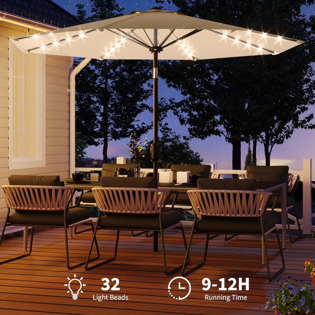 Riedhoff 9 feet Patio Umbrella with 32 LED Solar Lights, 8 Ribs, Tilt Crank