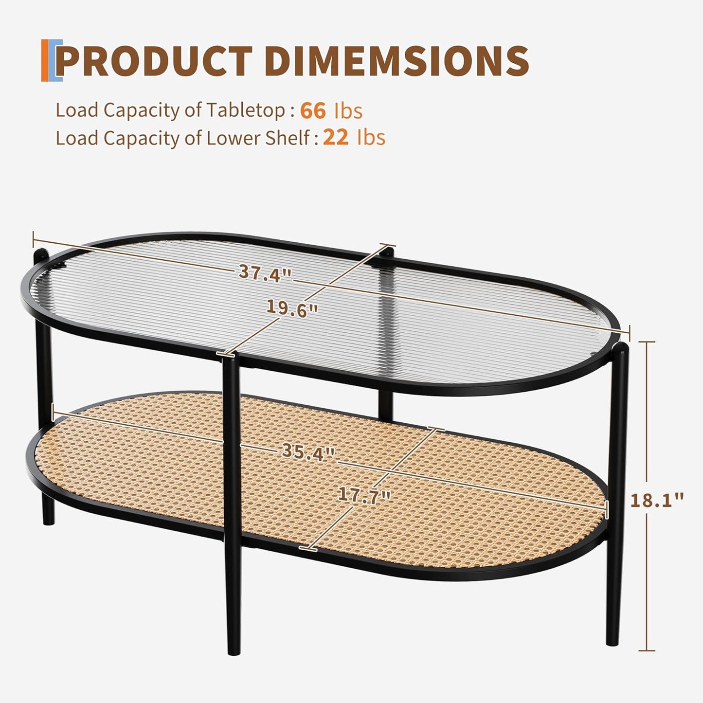 Garvee 2 Tier Oval Rattan Coffee Table 37.4 x 19.6 x 18.1", with Storage