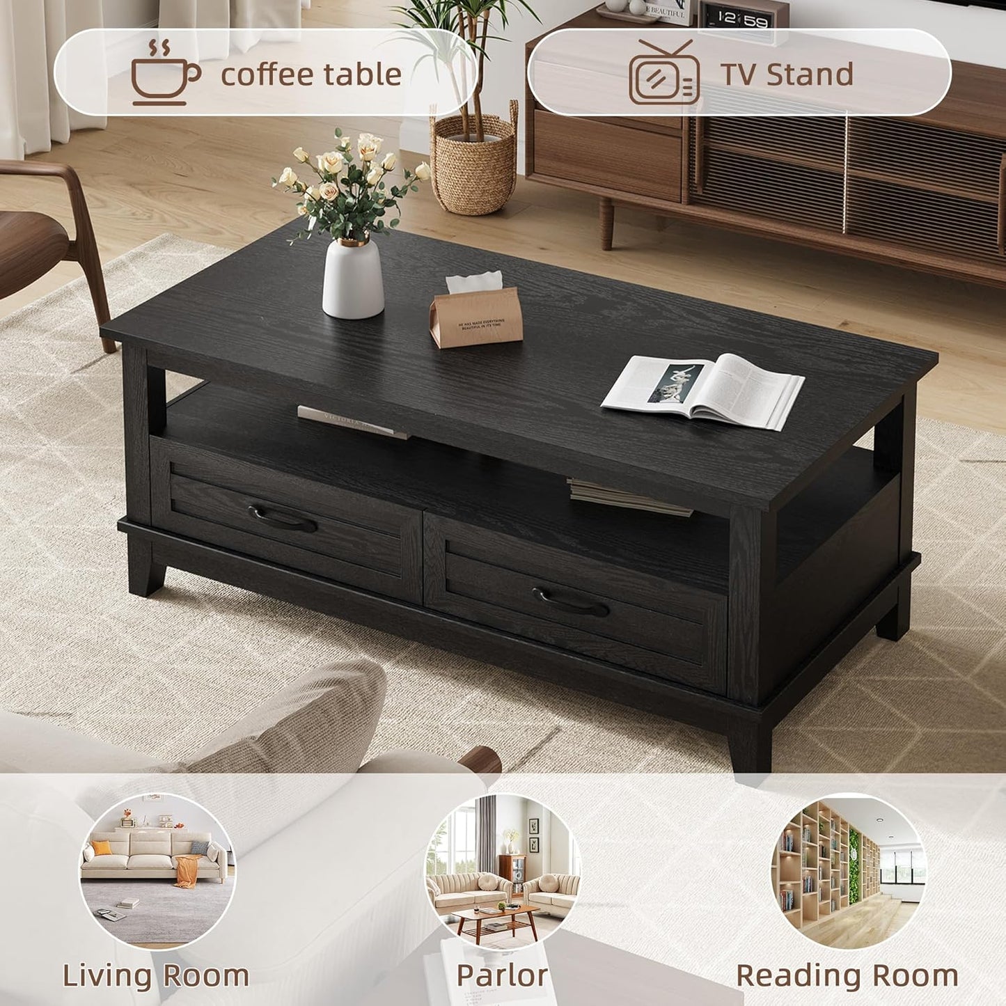 Garvee Farmhouse Coffee Table with 2 Drawers, 47.24 x 23.62 x 19", Open Shelf