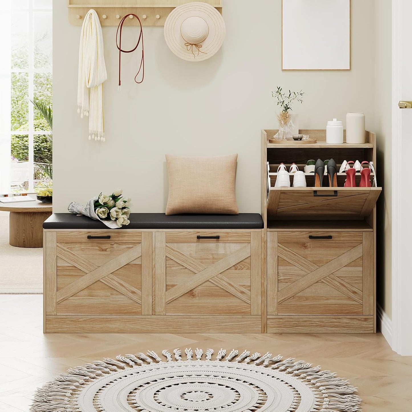 Garvee Shoe Storage Bench, 68.5 x 11.8 x 36.4", with 4 Flip Drawers & Padded Seat Cushion, Oak