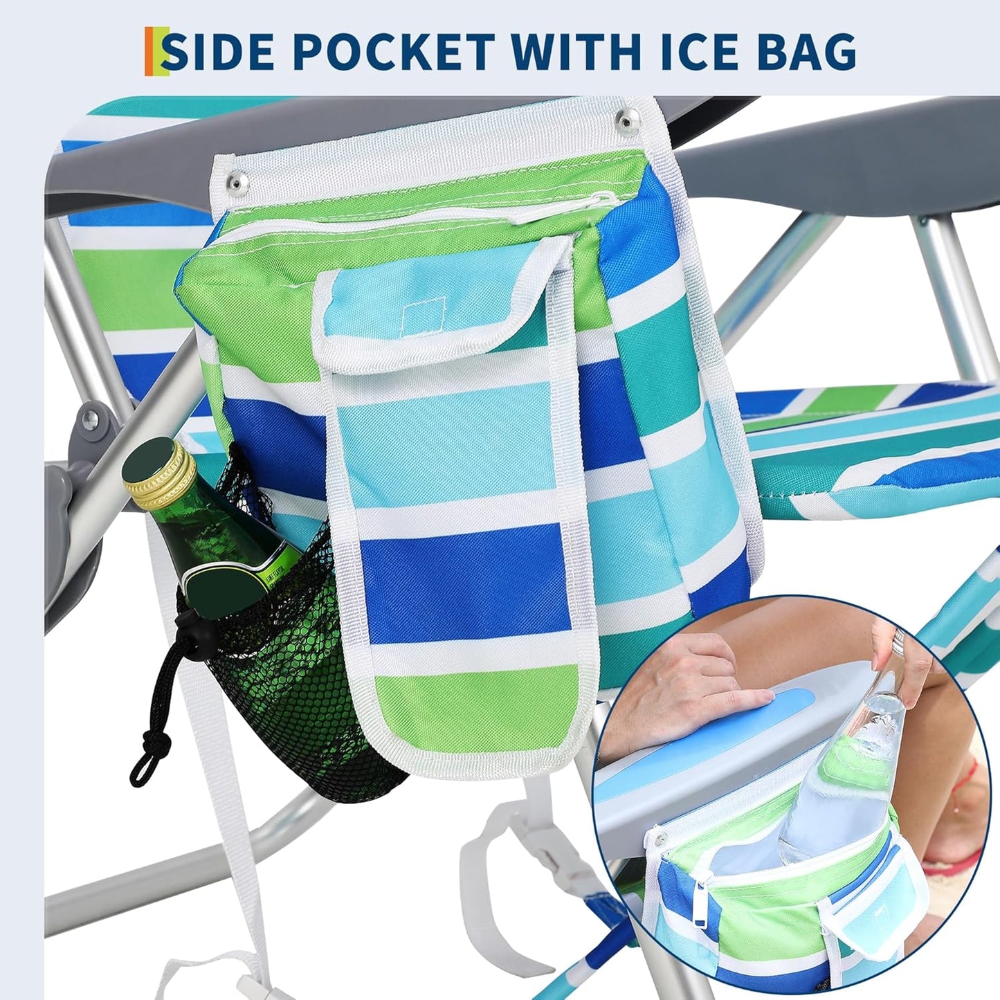 Garvee 2 Pack Portable Beach Chair with Adjustable Backrest & Cup Holders, Ocean Striped