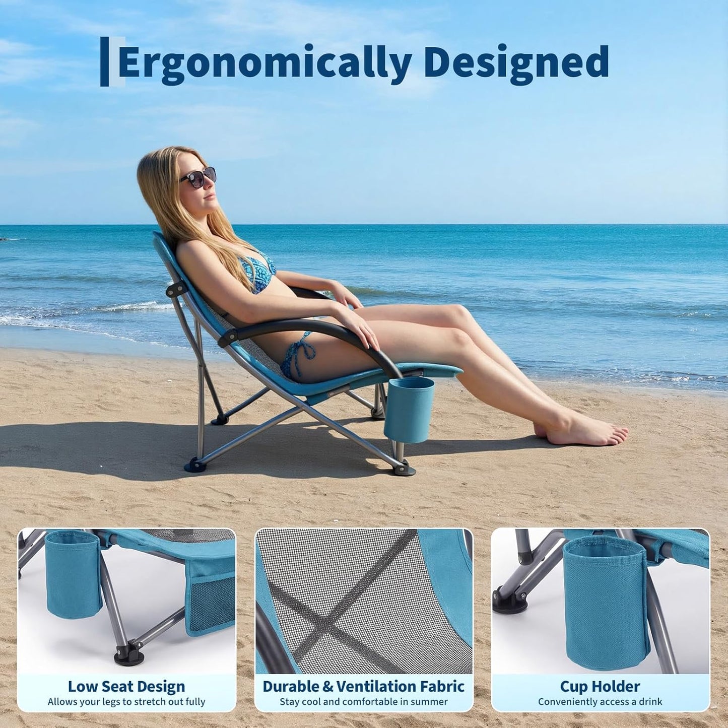 Garvee Low Back Folding Beach Chair, 24.8 x 22.9 x 26.4", Blue