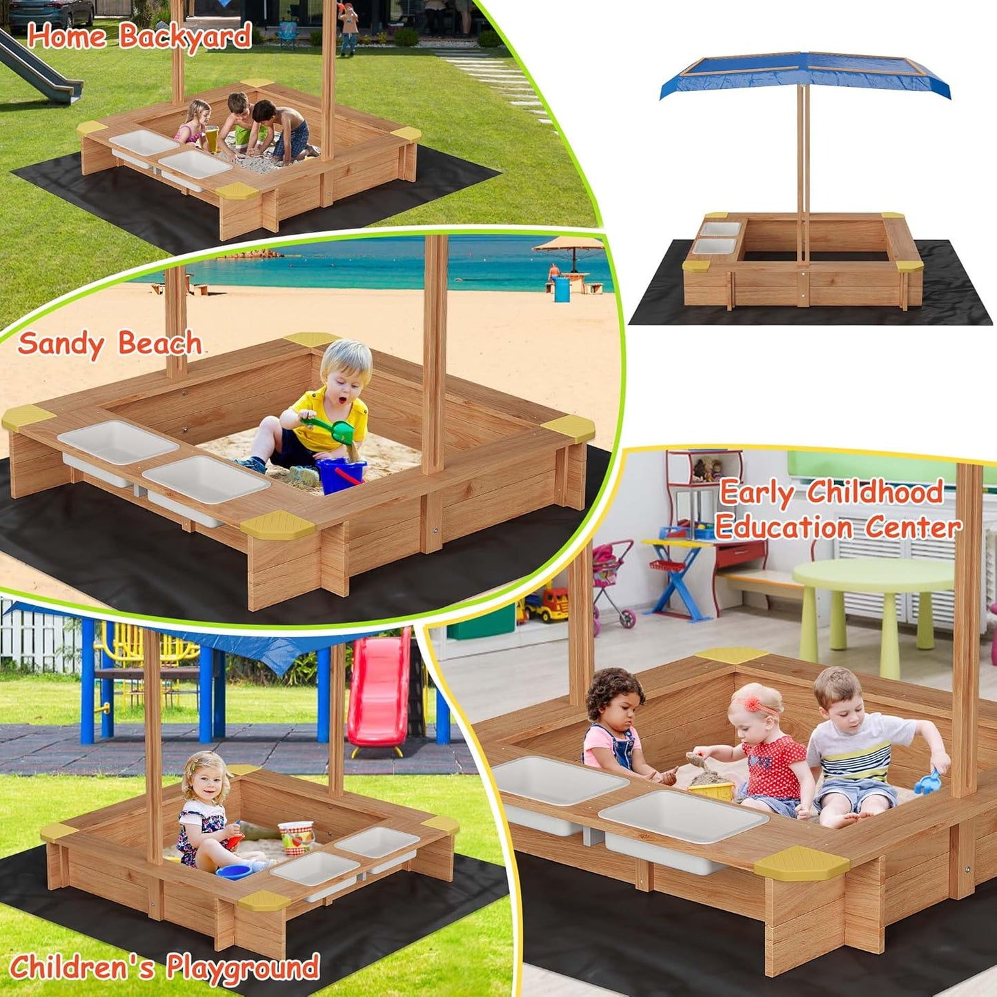 Garvee Kids Wooden Sandbox With 2 Plastic Boxes, Adjustable Canopy, Bottom Liner, 39.3 x 26.7"