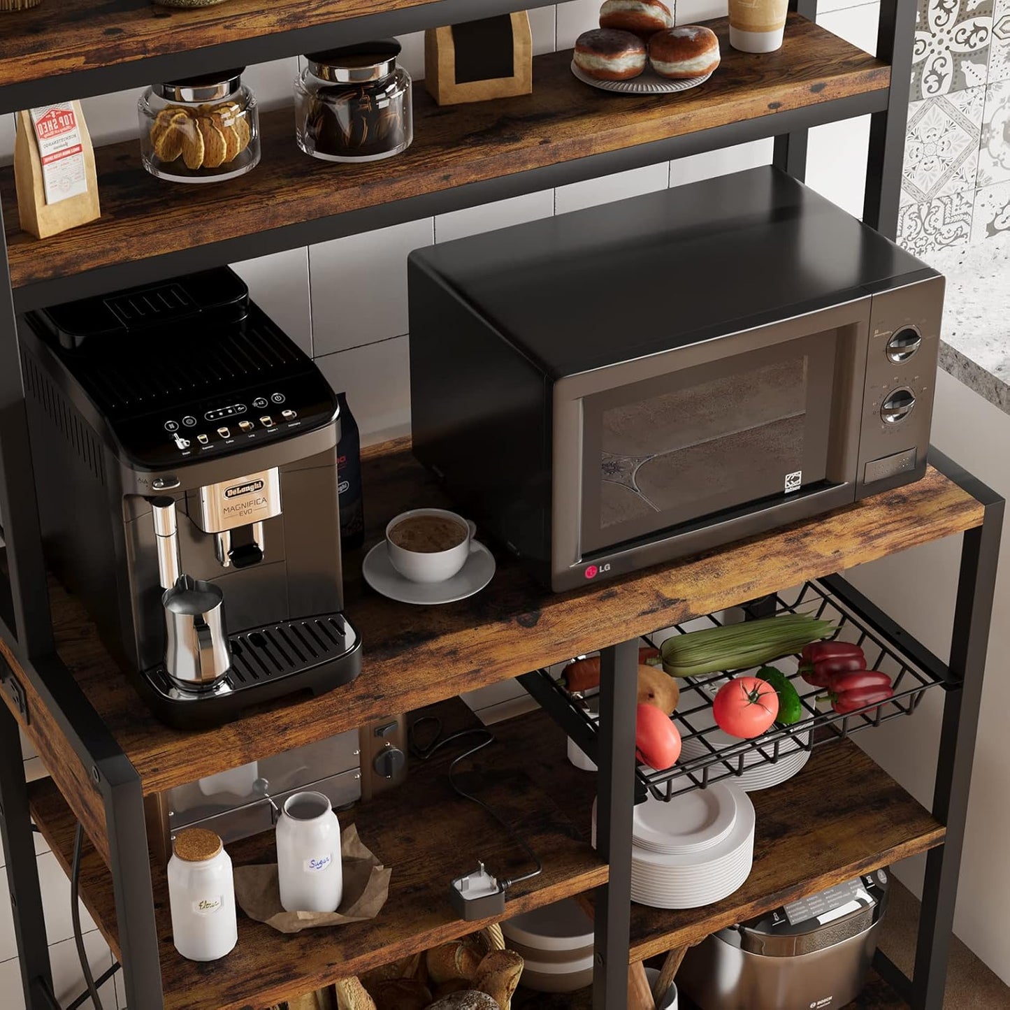 Garvee Kitchen Baker Rack with 2 Power Outlets, 6 Tier Storage Shelf, 35.4 x 15.7 x 59.1"